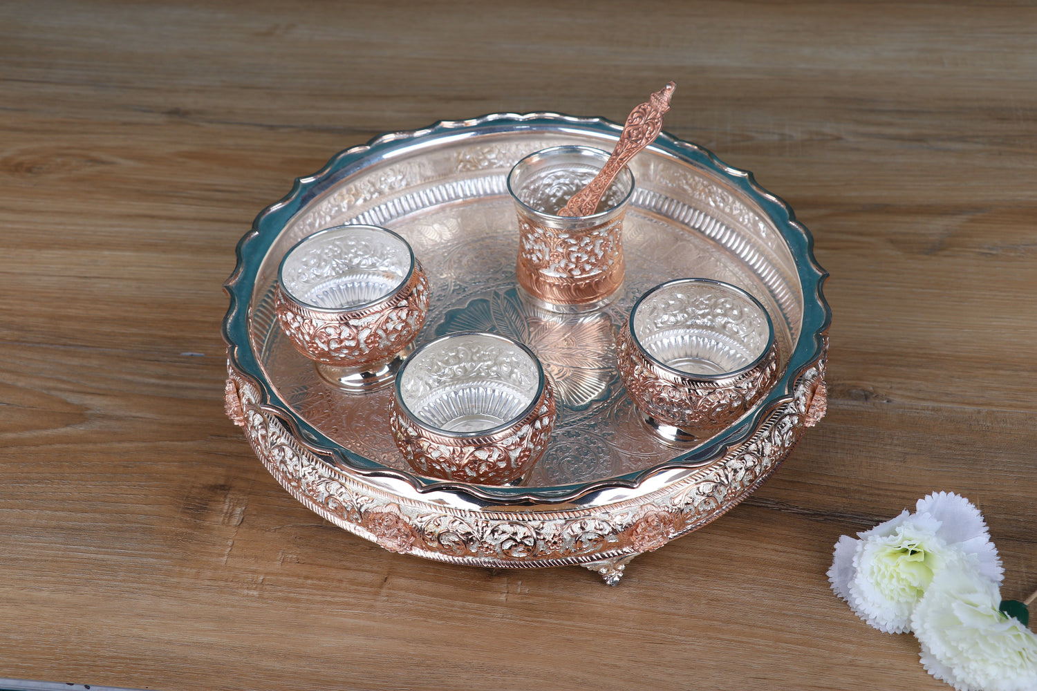 Royal Silver-Plated Pooja Thali Set – Handcrafted 6-Piece Designer Plate with Bowls, Glass & Spoon (1775g, 12.2 Inch)