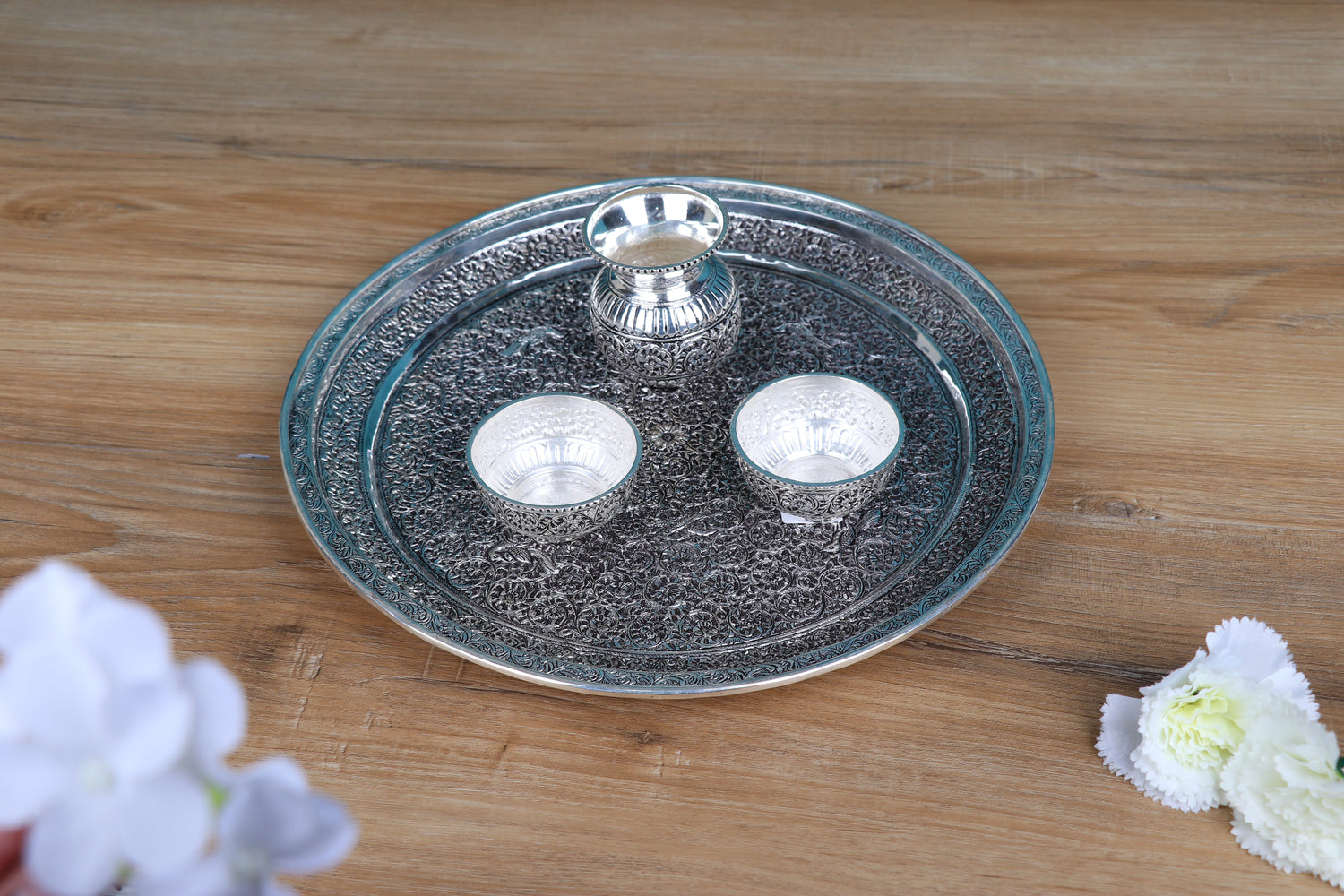 Luxury Silver Oval Serving Tray with Bowls & Spoon – Handcrafted Nakashi Collection (1358g, 4 Pieces)