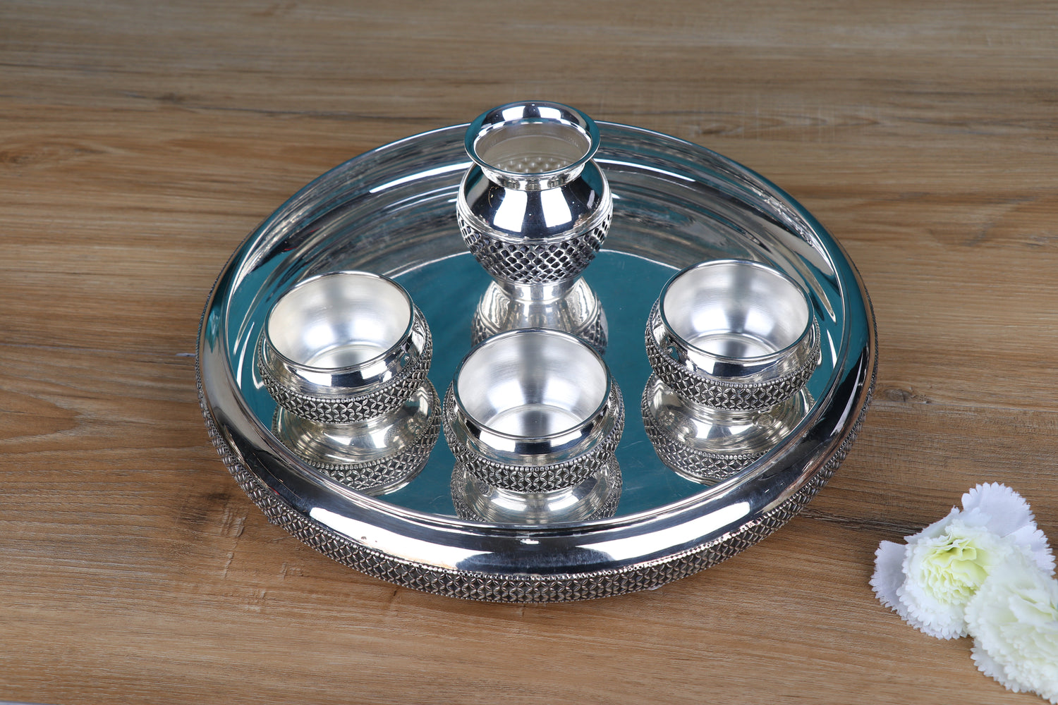 Classic Silver-Plated Pooja Thali Set with Kalash and 4 Bowls – Minimalist Designer Plate for Daily Worship & Festive Rituals