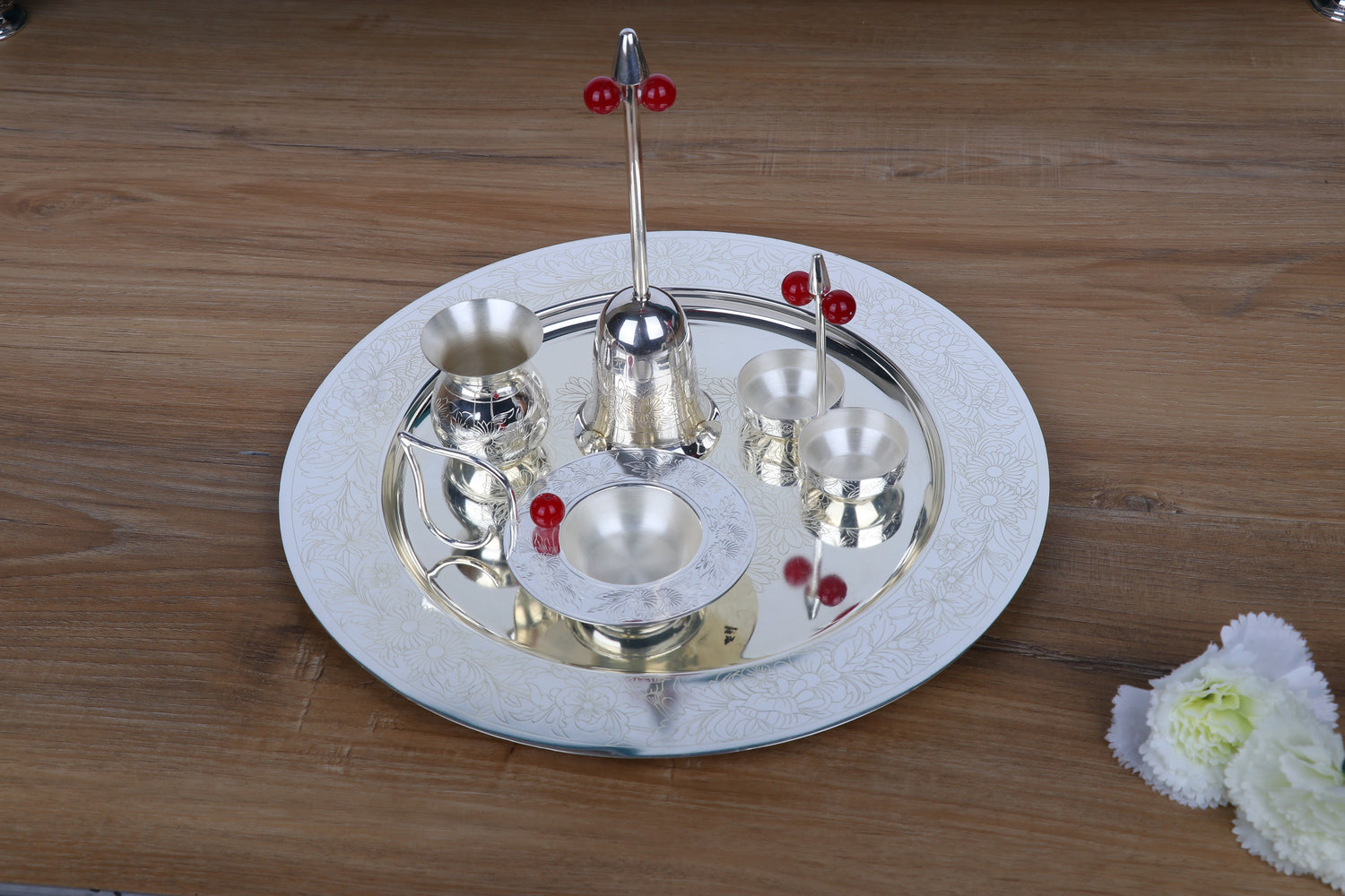 Premium Glass & Silver Serving Set – Handcrafted Floral Etched Tray with Spoon Collection (1045g)