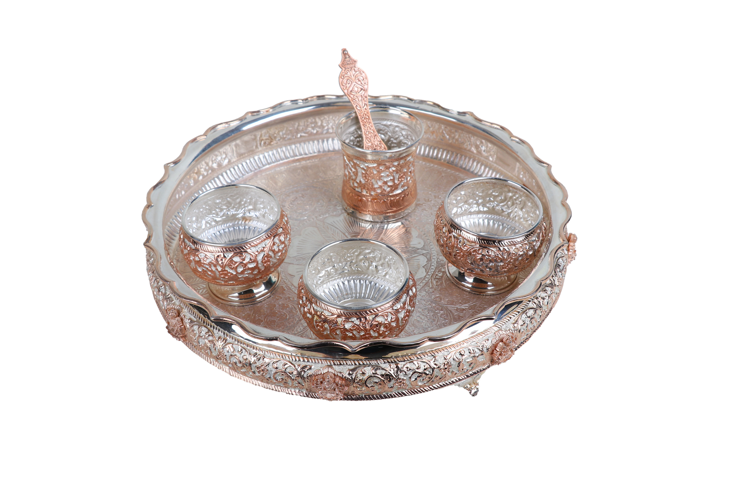 Royal Silver-Plated Pooja Thali Set – Handcrafted 6-Piece Designer Plate with Bowls, Glass & Spoon (1775g, 12.2 Inch)