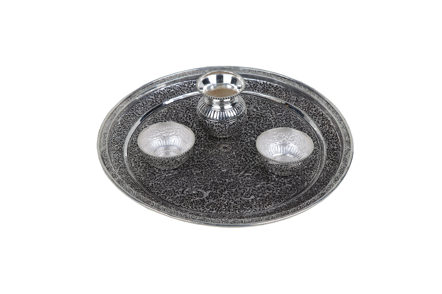 Luxury Silver Oval Serving Tray with Bowls & Spoon – Handcrafted Nakashi Collection (1358g, 4 Pieces)