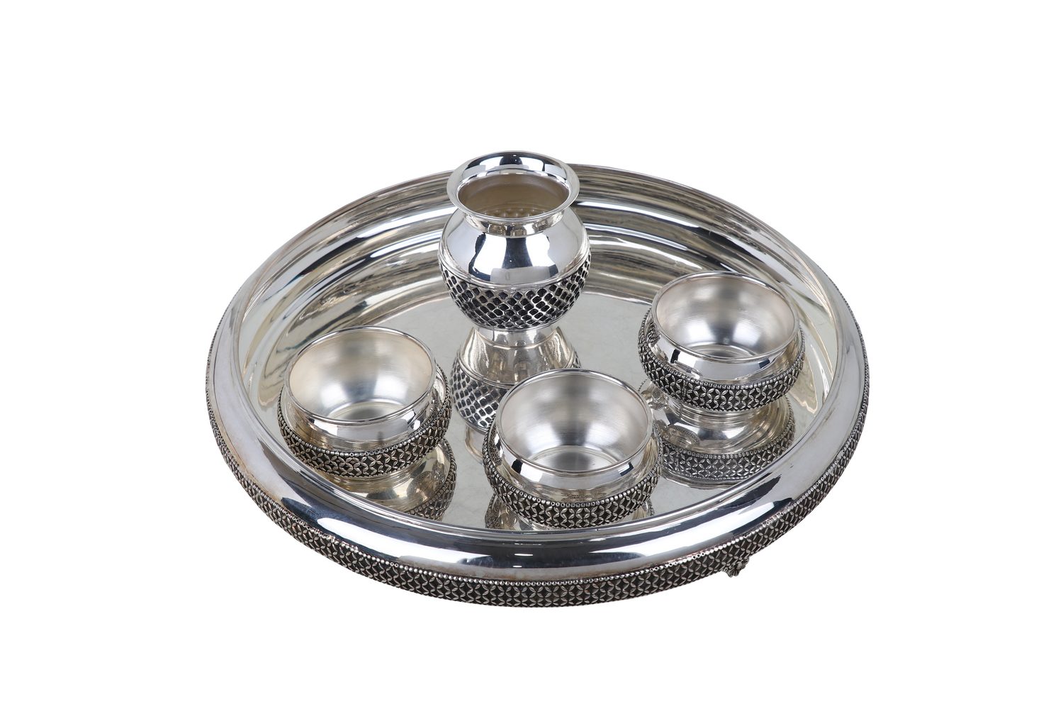 Classic Silver-Plated Pooja Thali Set with Kalash and 4 Bowls – Minimalist Designer Plate for Daily Worship & Festive Rituals