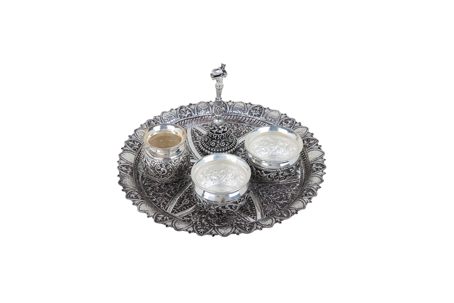Pure 925 Silver Antique Pooja Thali (413g) for Festive Worship