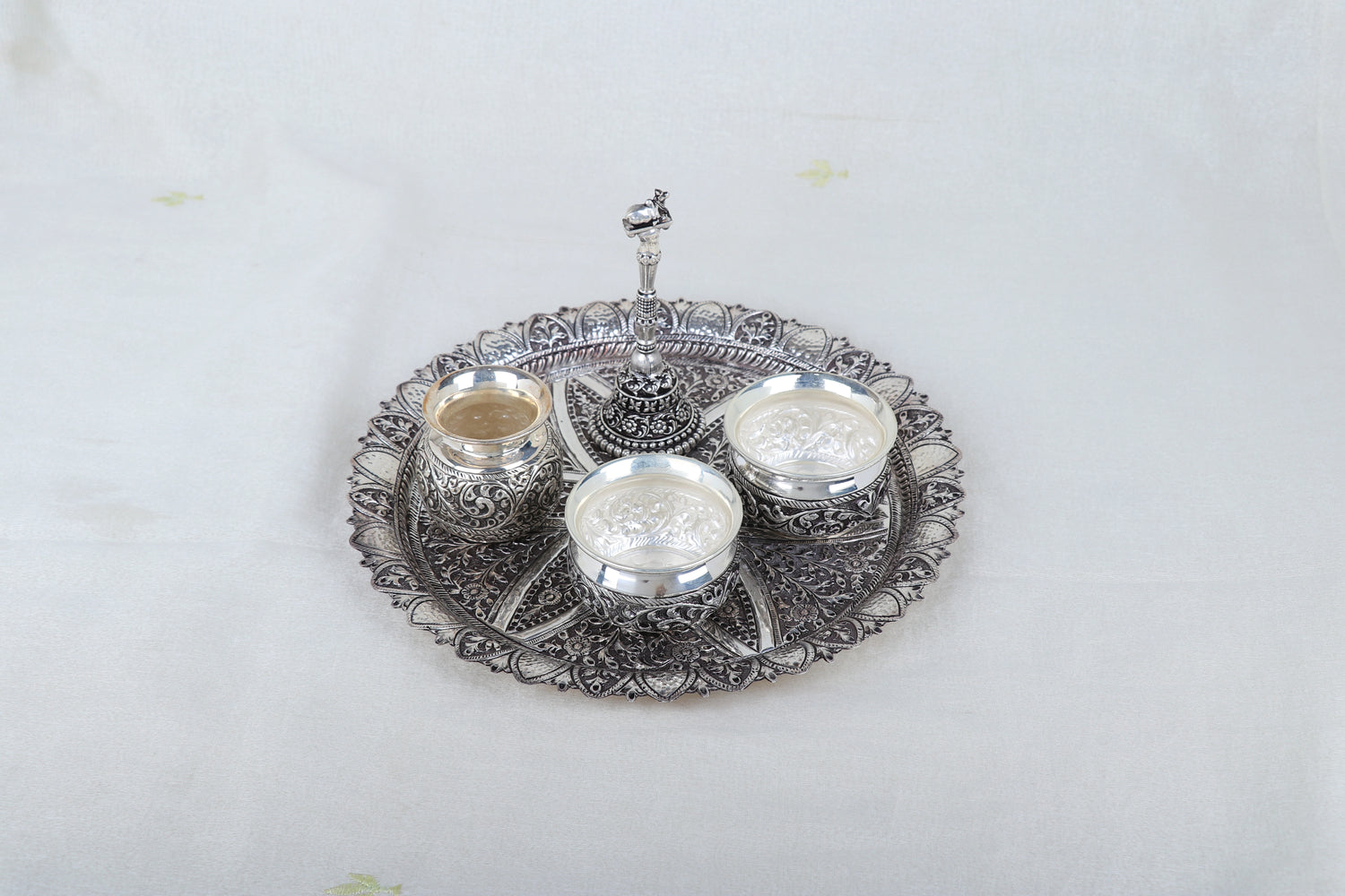 Pure 925 Silver Antique Pooja Thali (413g) for Festive Worship