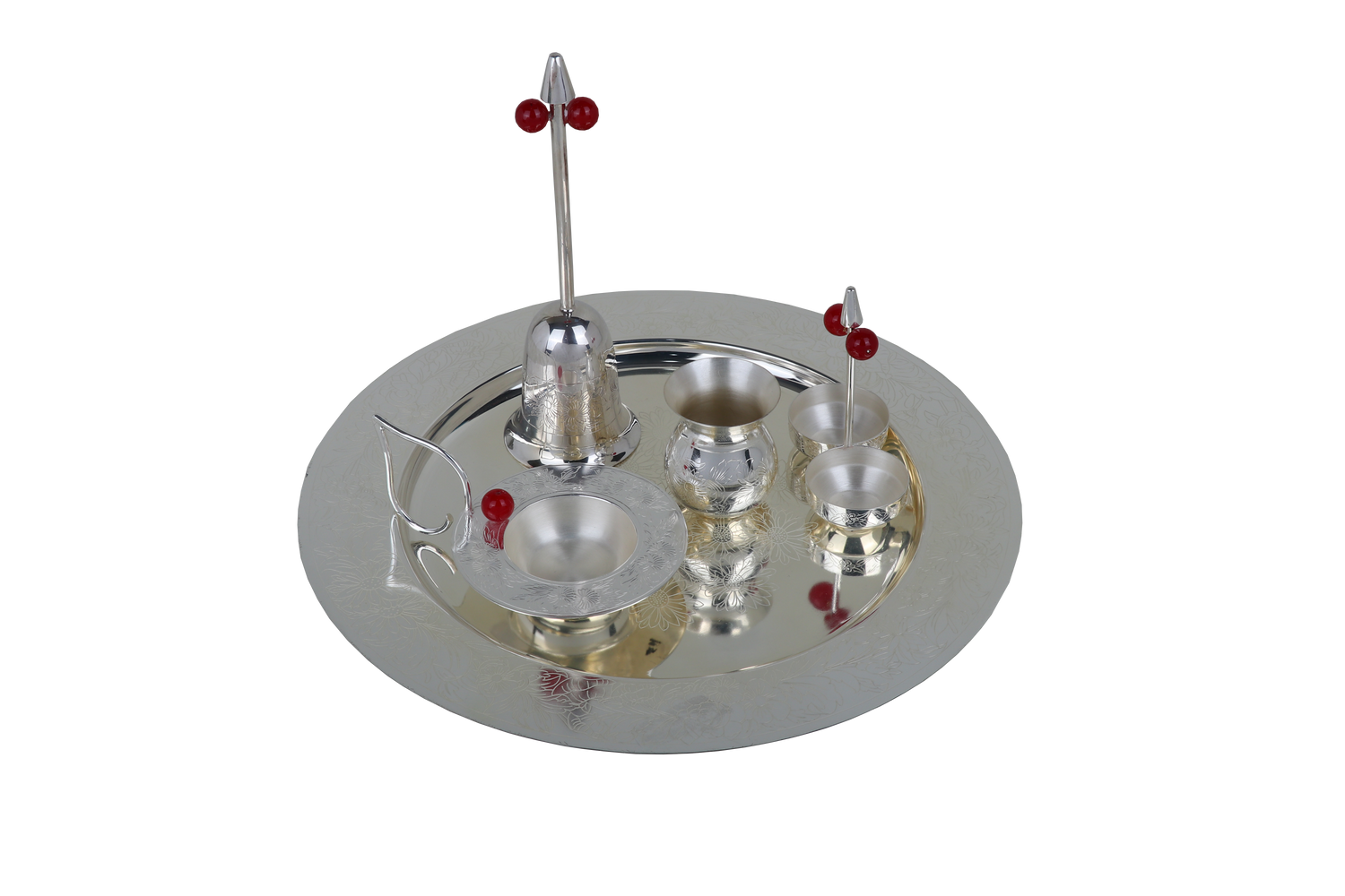 Premium Glass & Silver Serving Set – Handcrafted Floral Etched Tray with Spoon Collection (1045g)