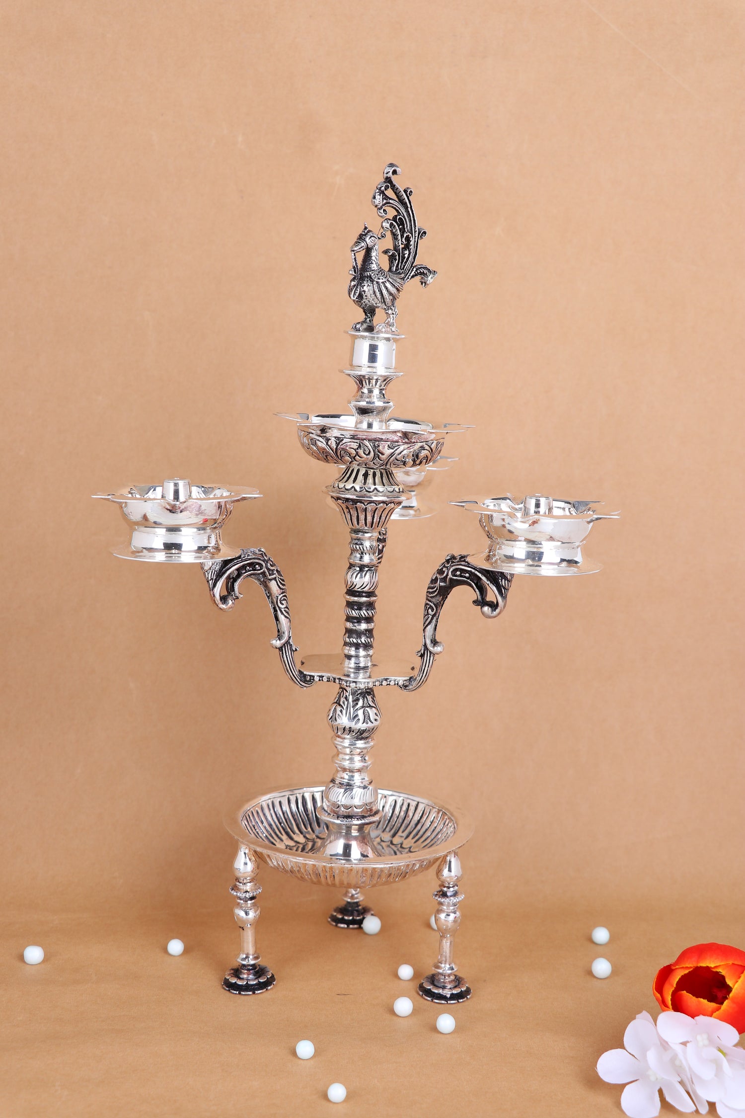 Majestic Silver Peacock Panchpradip Set – Royal Multi-Wick Temple Diya Collection