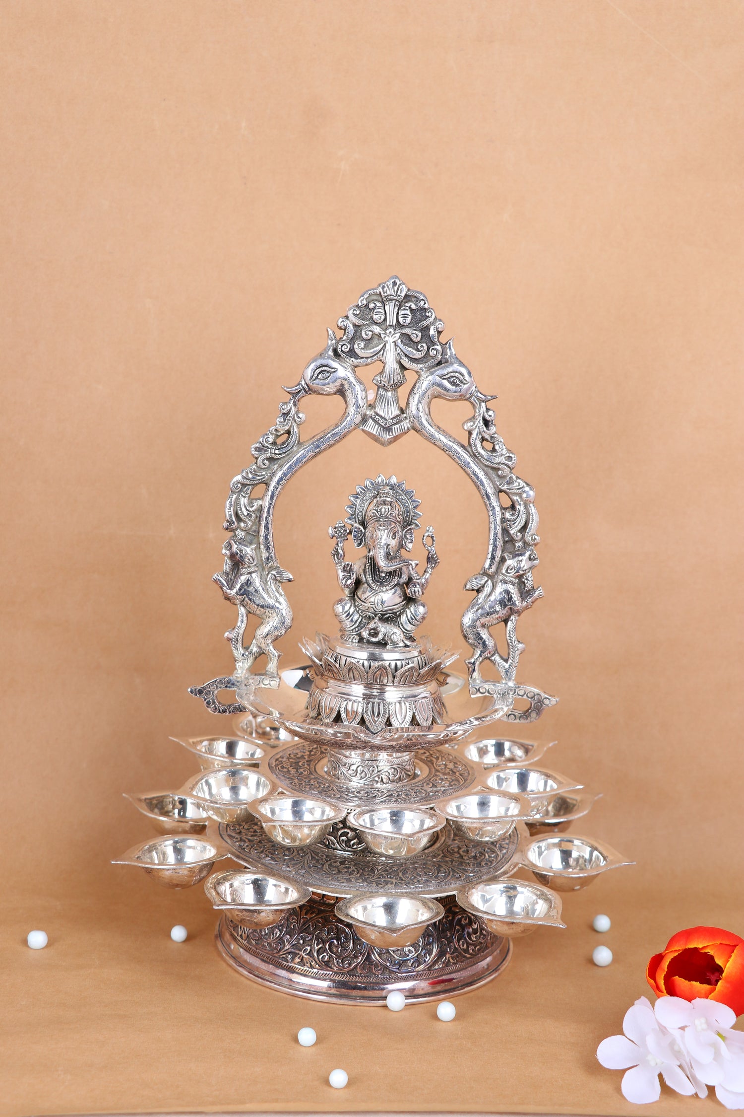 Exquisite Multi-Tiered Ganesha Brass Pooja Thali Stand - Premium 15-Piece Ceremonial Worship Set