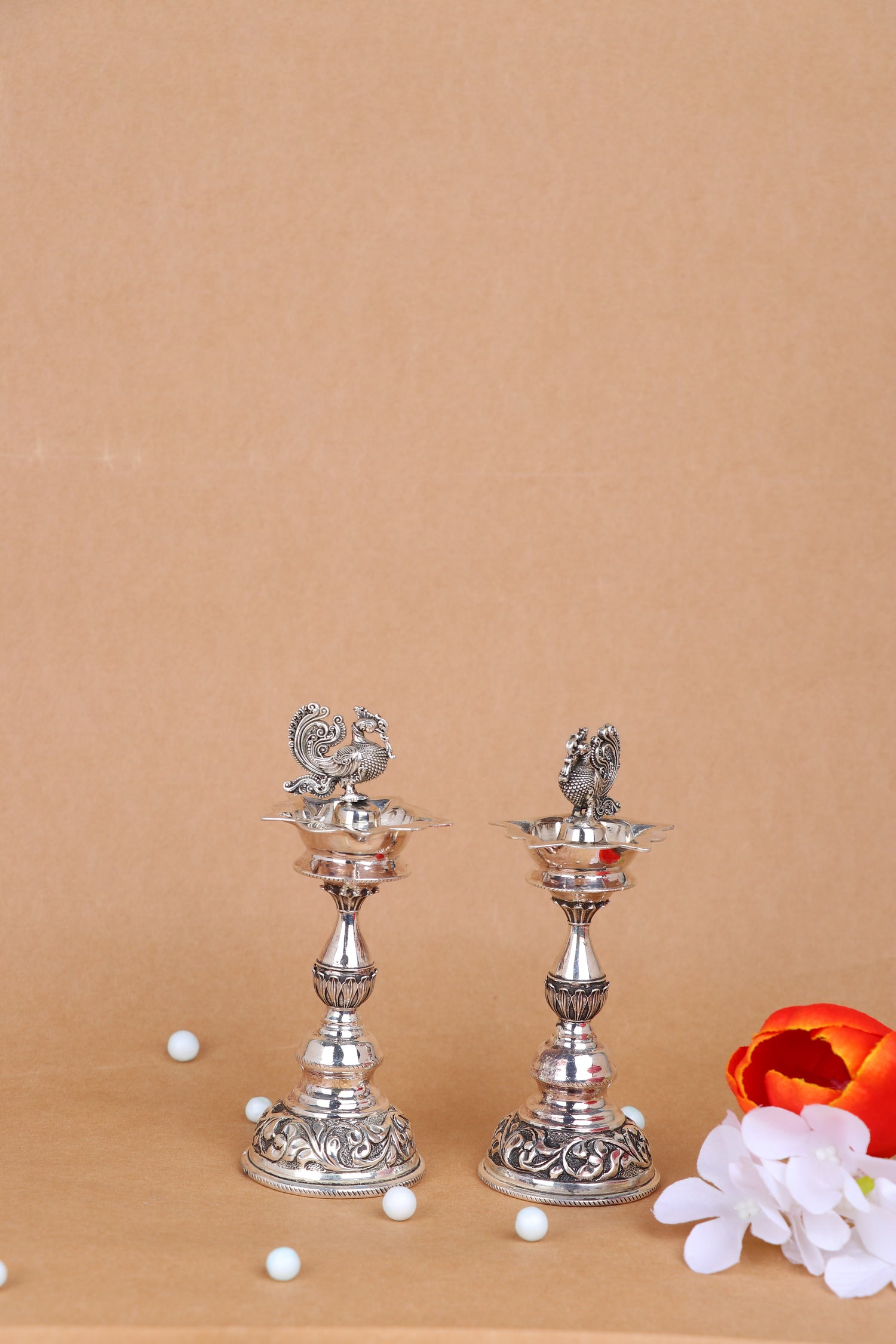Handcrafted Silver Peacock Diya Pair – Royal Pooja Decor Lamps (5”x1.8”, 184g)
