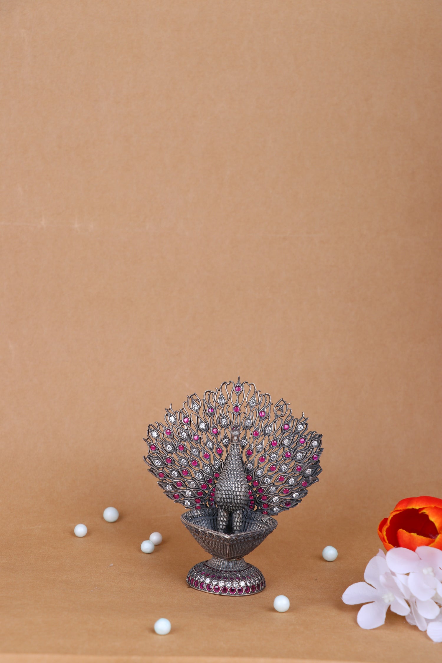 Majestic Silver-Plated Meenakari Peacock Oil Lamp – Handcrafted Ceremonial Deepak with Gemstone Embellishments (166g)