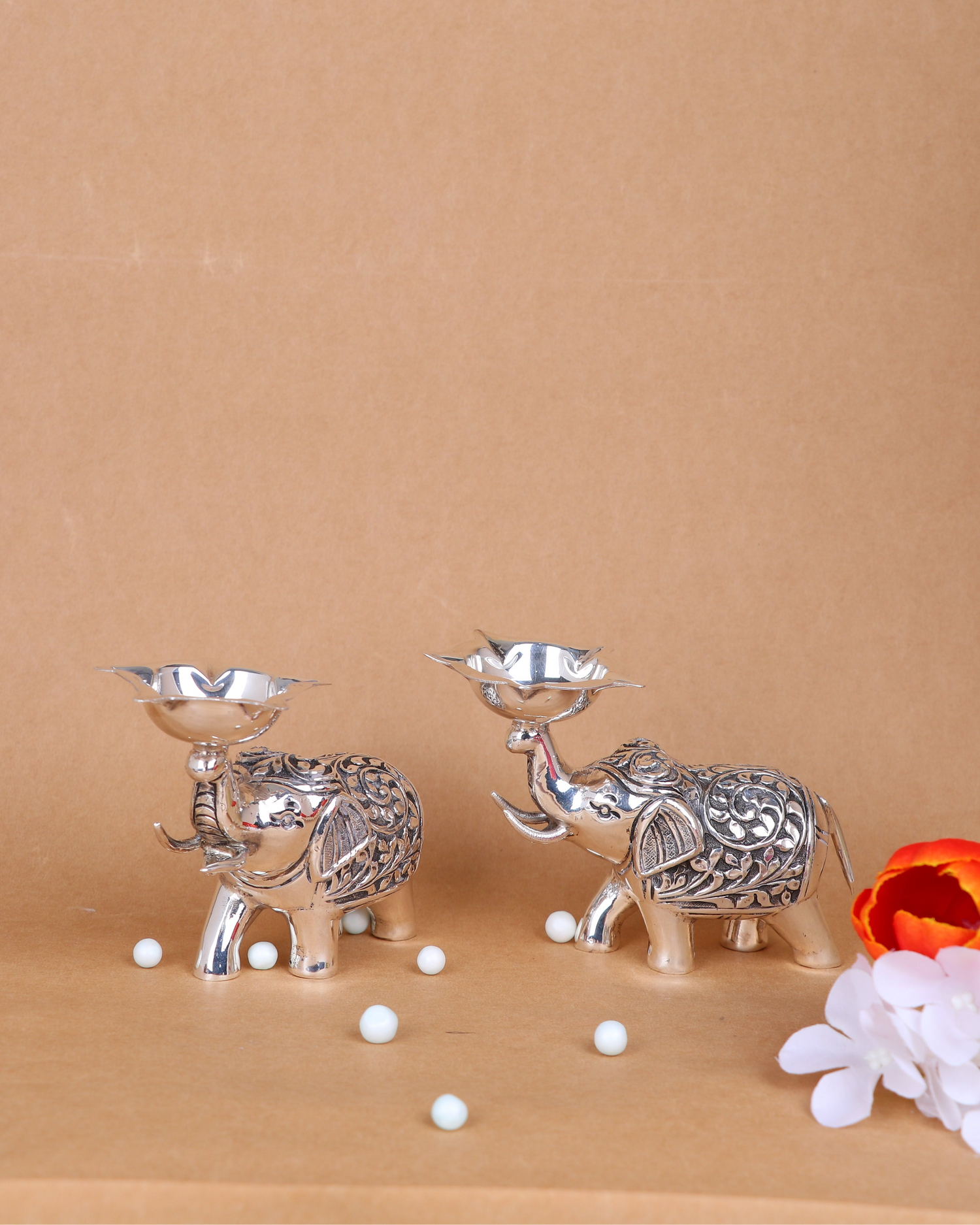 Premium Silver-Plated Elephant Diya - Traditional Handcrafted Oil Lamp with Ornate Floral Engravings