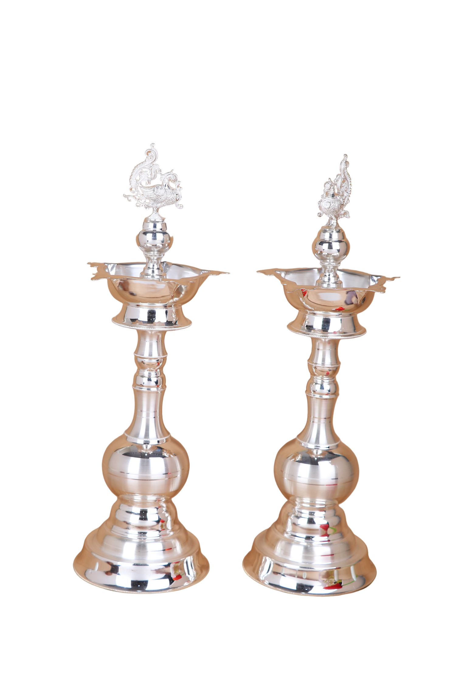 Royal Silver Peacock Diya Pair – Handcrafted Temple Deepam Set (395g, 11.6"x3.8")