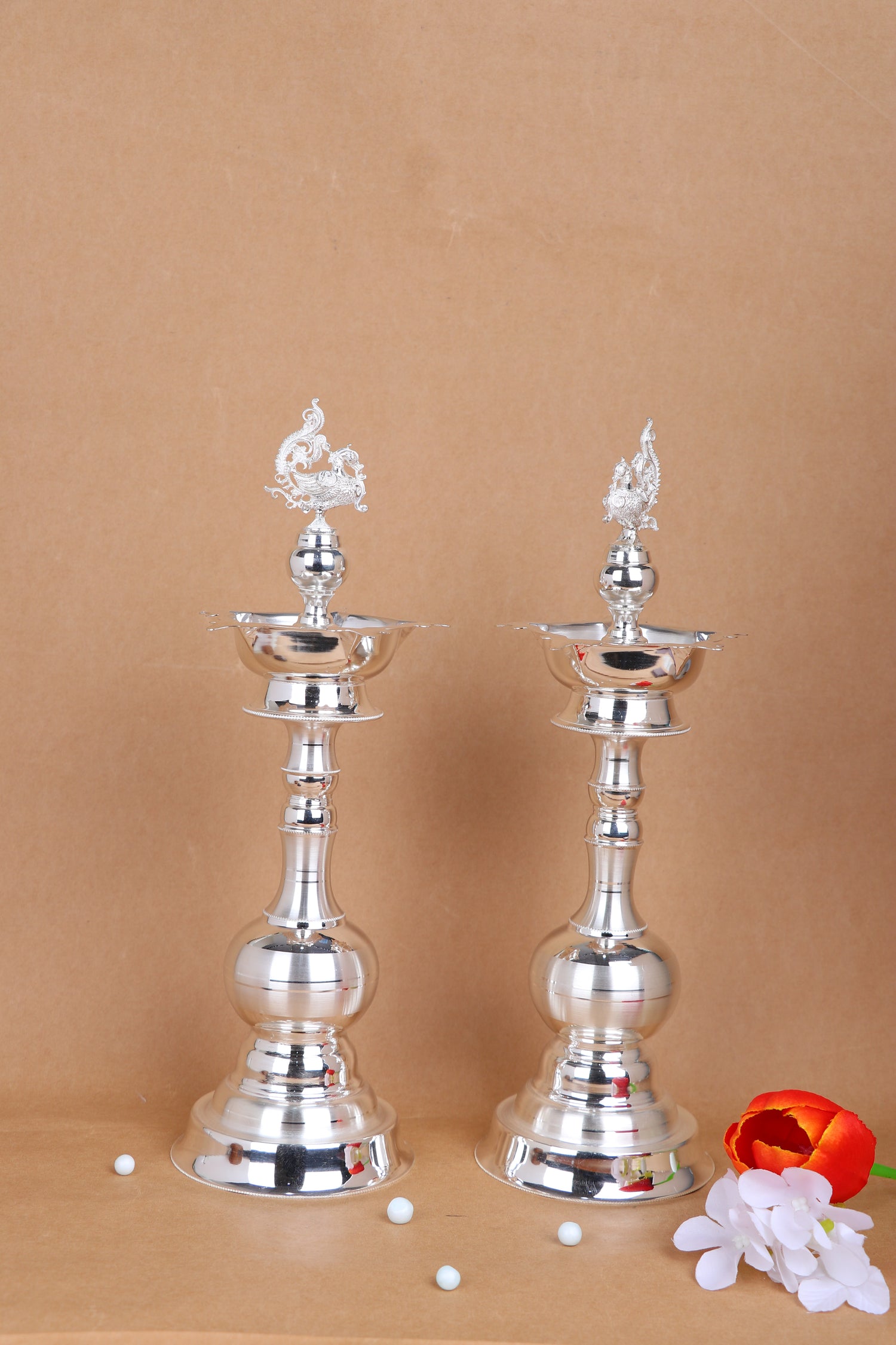 Royal Silver Peacock Diya Pair – Handcrafted Temple Deepam Set (395g, 11.6"x3.8")