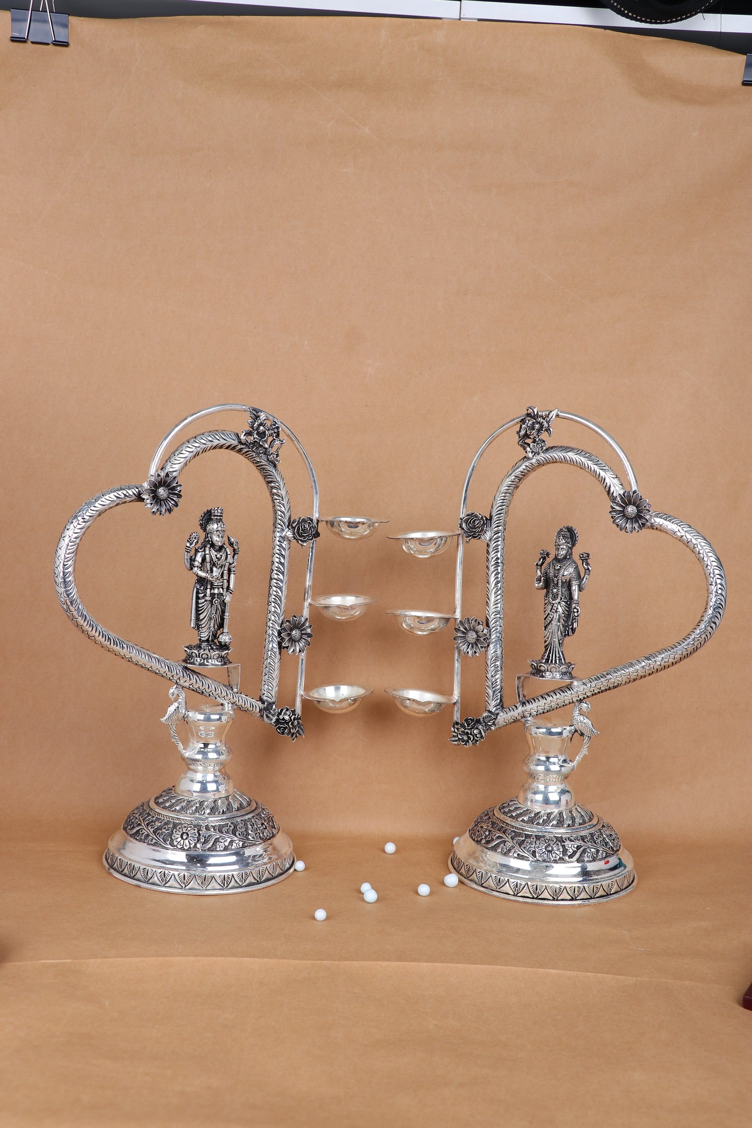 Majestic Silver-Plated Radha Krishna Standing Oil Lamp Pair with Ornate Multi-Tier Base – Divine Ceremonial Masterpieces (1899g)