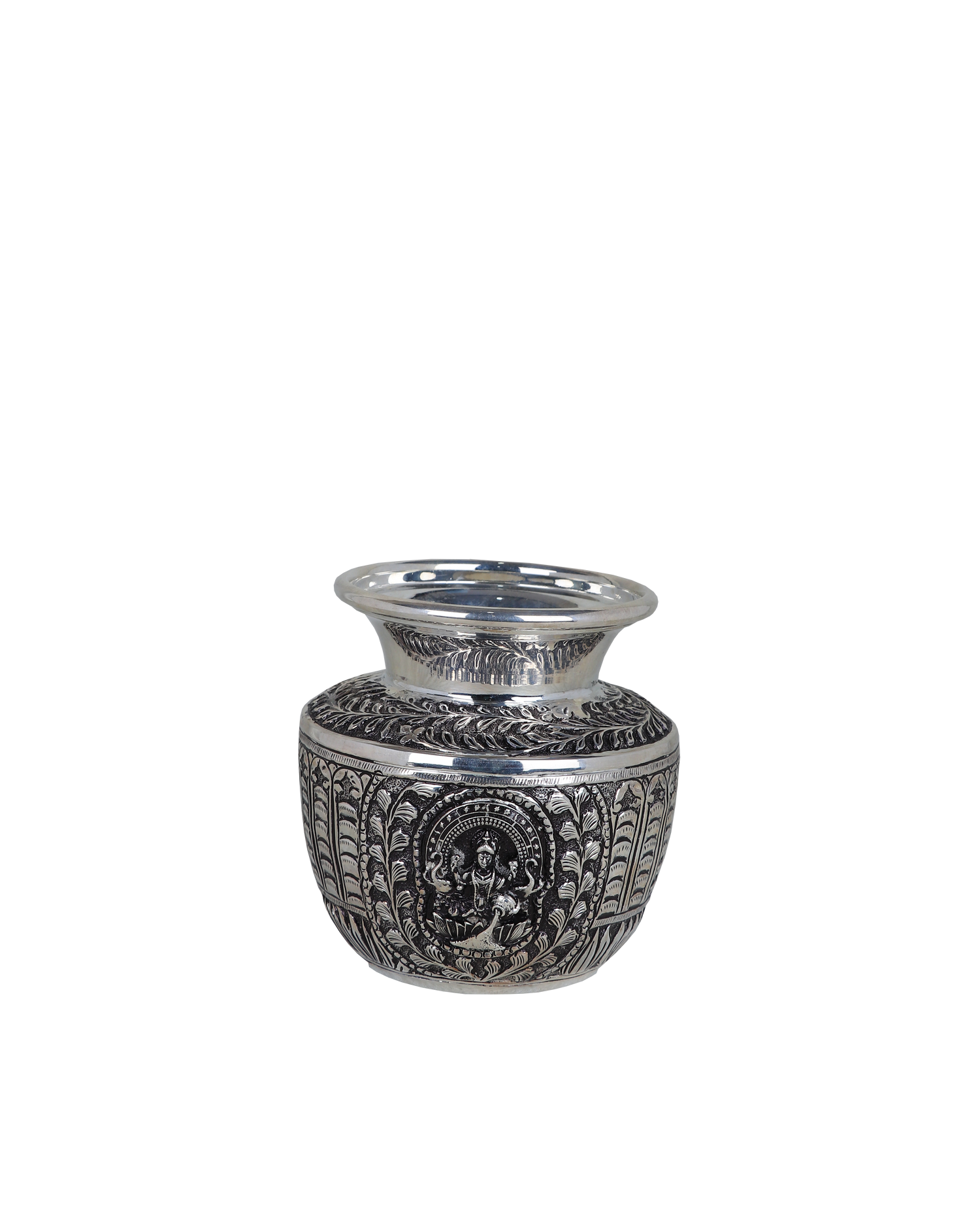 Majestic Silver-Plated Lakshmi Kalash – Temple Heritage Water Pot with Repousse Leaf Relief