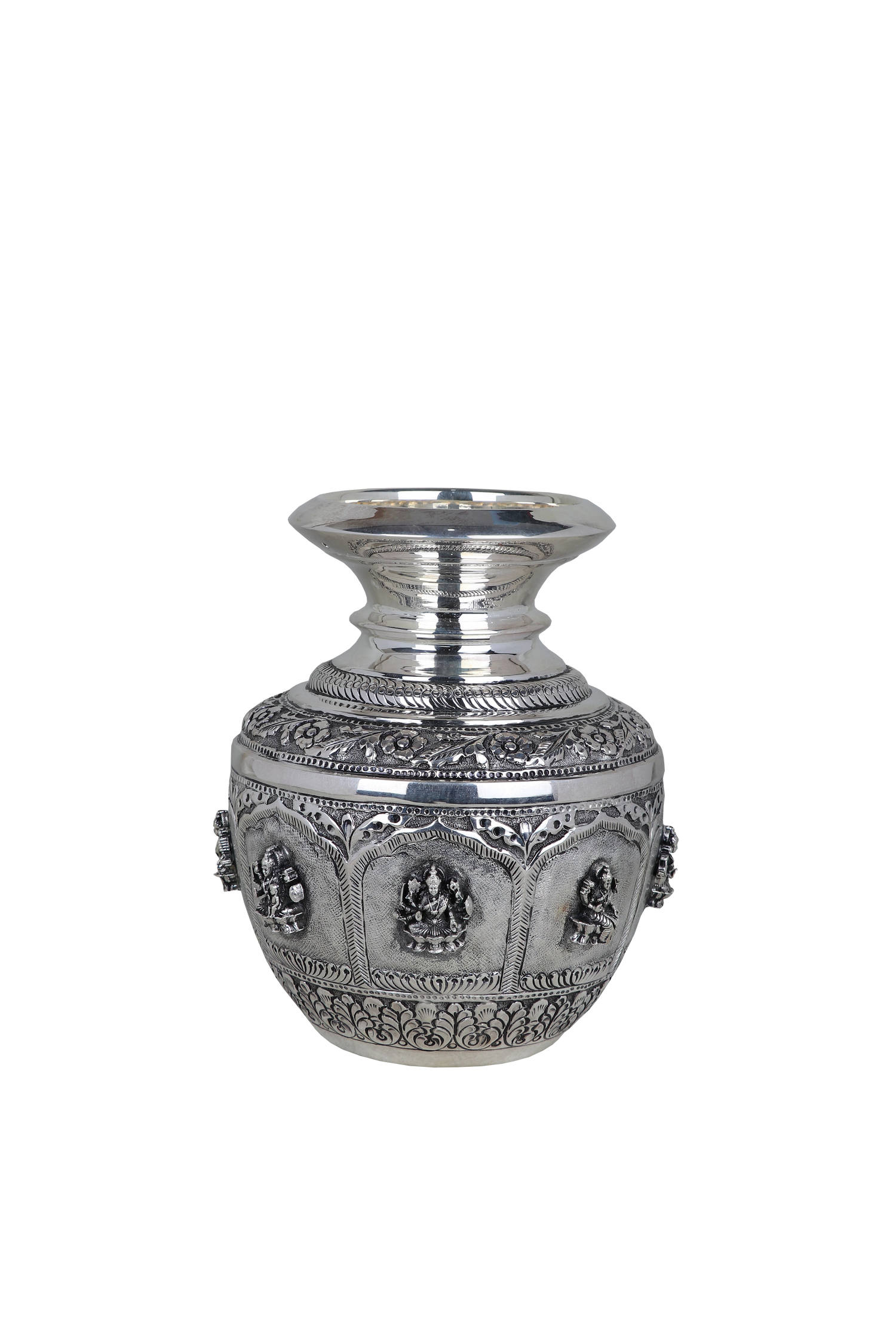 Majestic Silver Temple Kalash – Grand Goddess Idol Embossed Luxury Pooja Vessel (1014g)