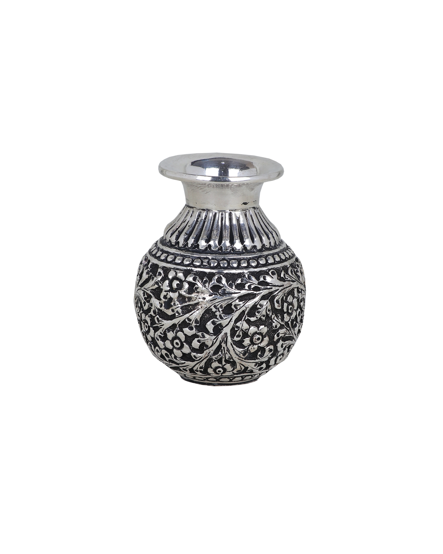 Miniature Antique Silver-Plated Floral Kalash – Handcrafted Pooja Lota