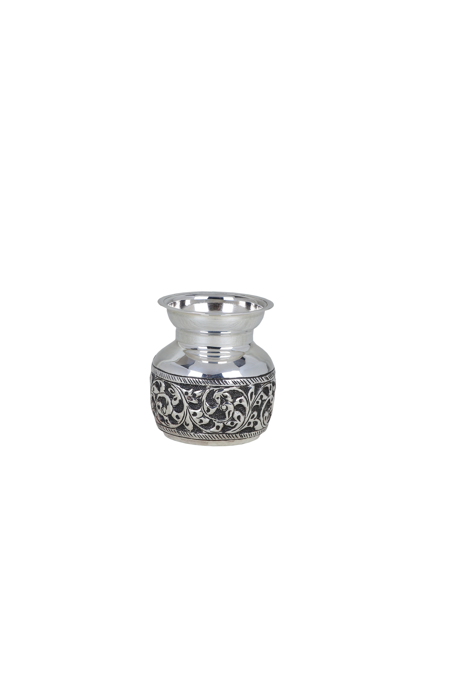 Miniature Antique Silver-Plated Floral Kalash – Handcrafted Luxury Pooja Water Pot (74g)
