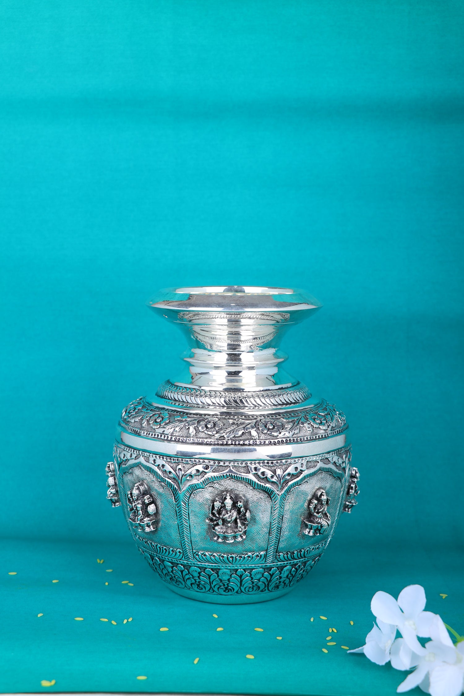 Majestic Silver Temple Kalash – Grand Goddess Idol Embossed Luxury Pooja Vessel (1014g)