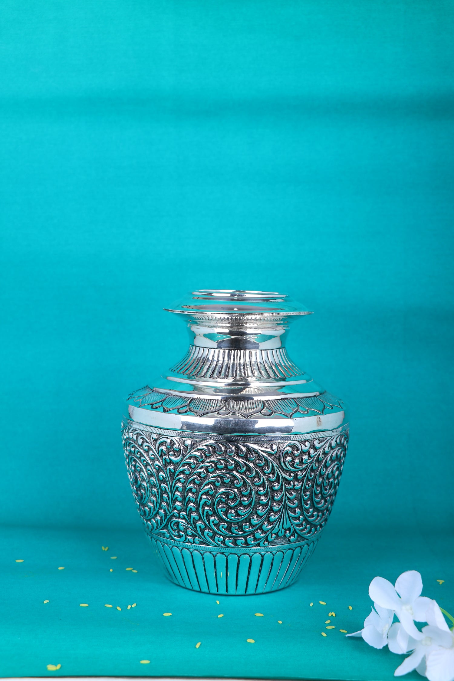 Antique Handcrafted Silver Lota – Nakashi Spiral Floral Design Pooja Kalash