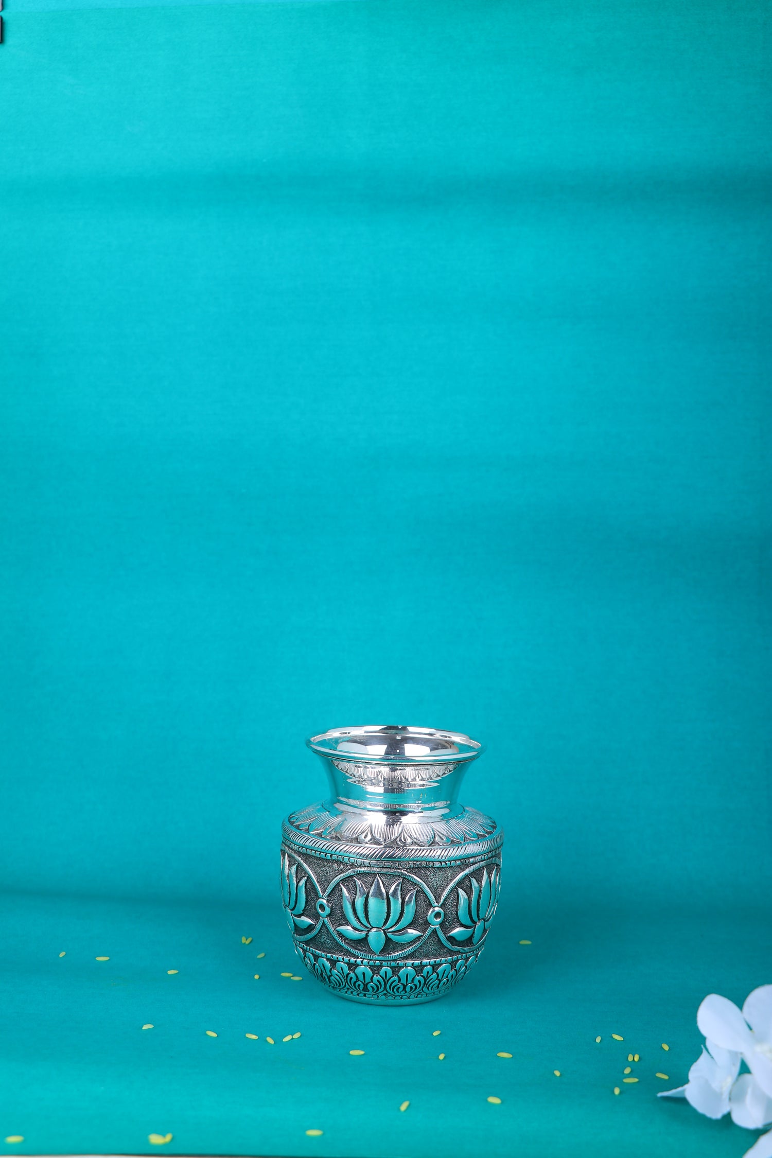 Royal Silver-Plated Lotus Motif Kalash – Handcrafted Pooja Water Vessel (291g)