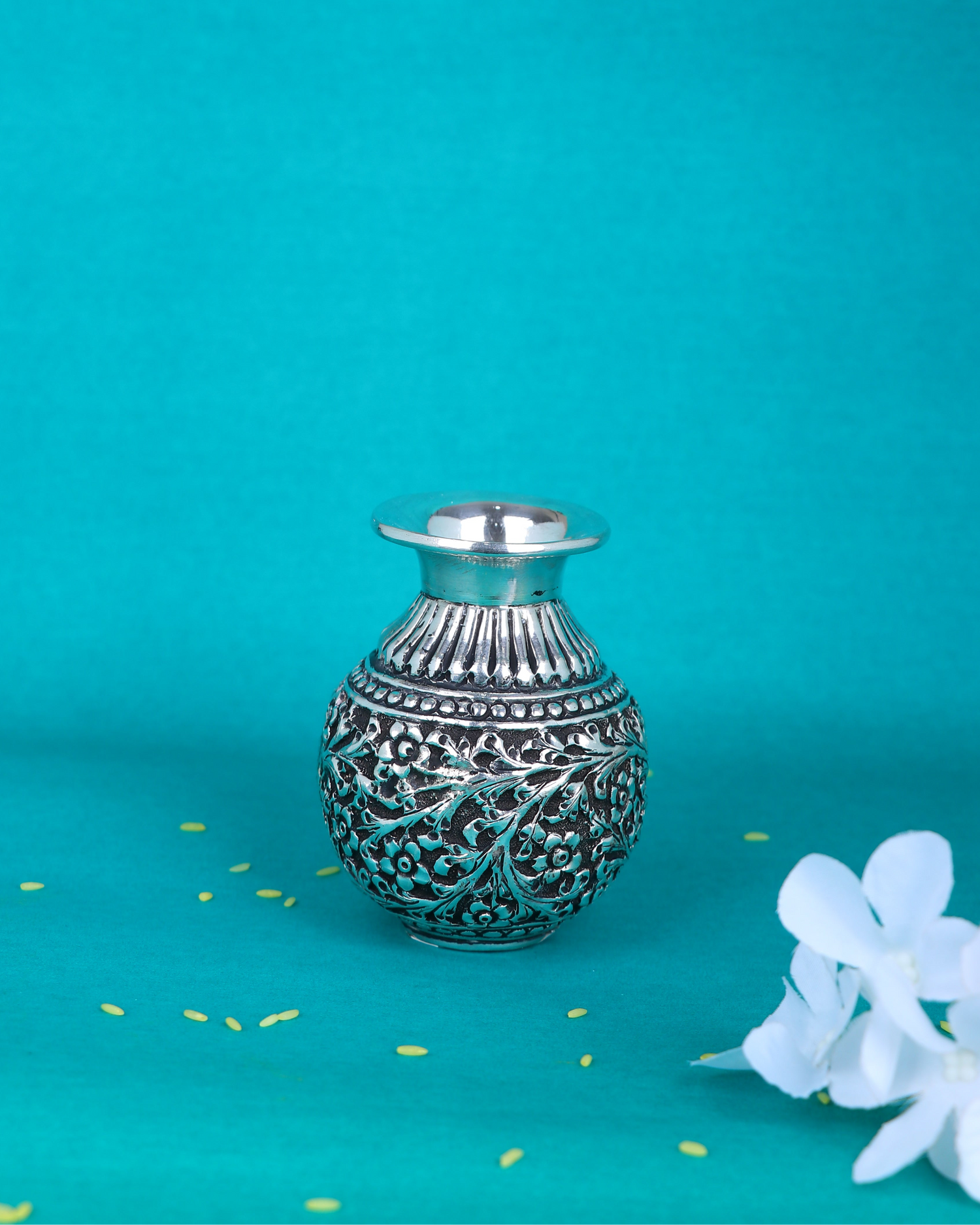 Miniature Antique Silver-Plated Floral Kalash – Handcrafted Pooja Lota