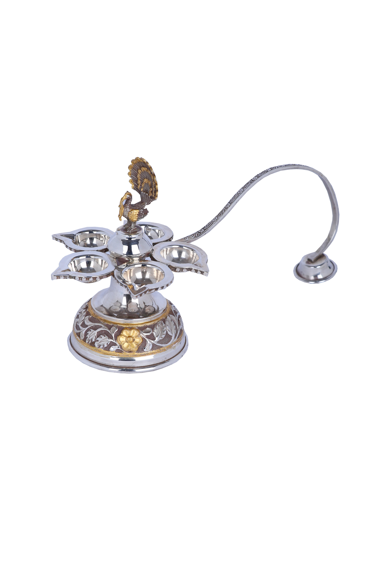 Exquisite Silver Panch Aarti Diya with Peacock Motif – Luxury Handcrafted Five-Wick Oil Lamp (240g)