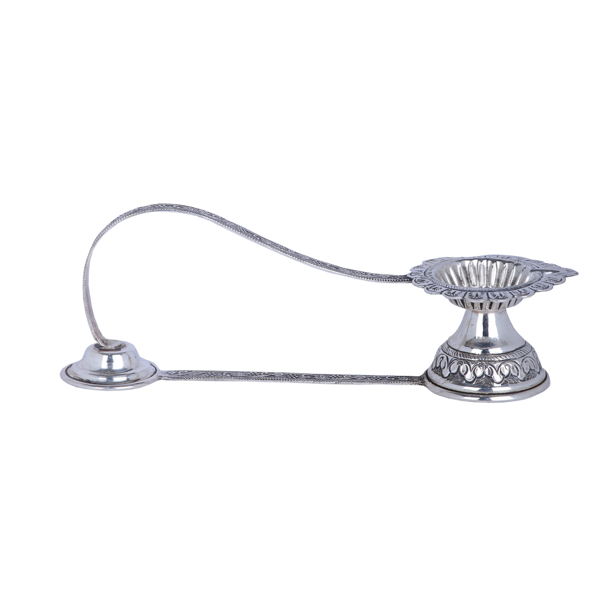 Silver candle holder with a long arm on a white background