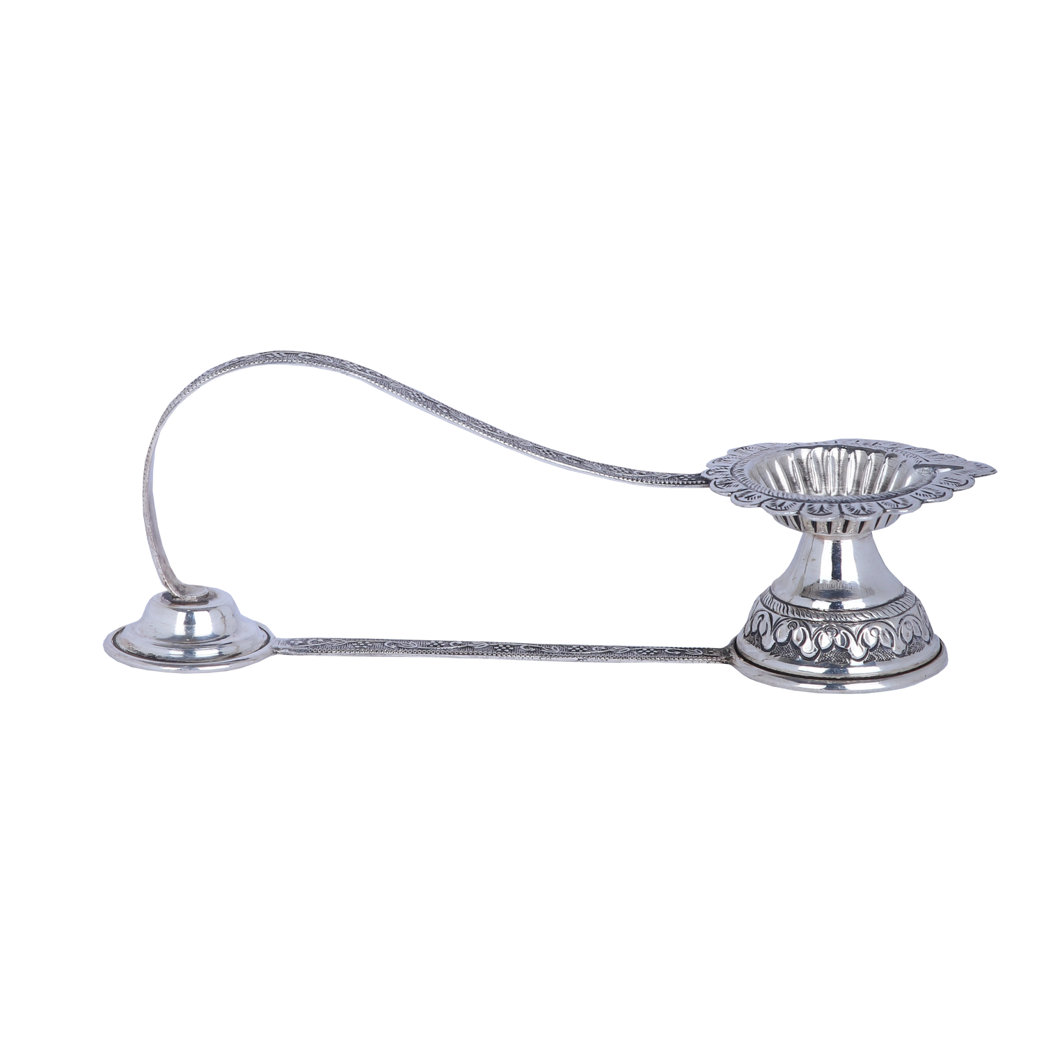 Silver candle holder with a long arm on a white background