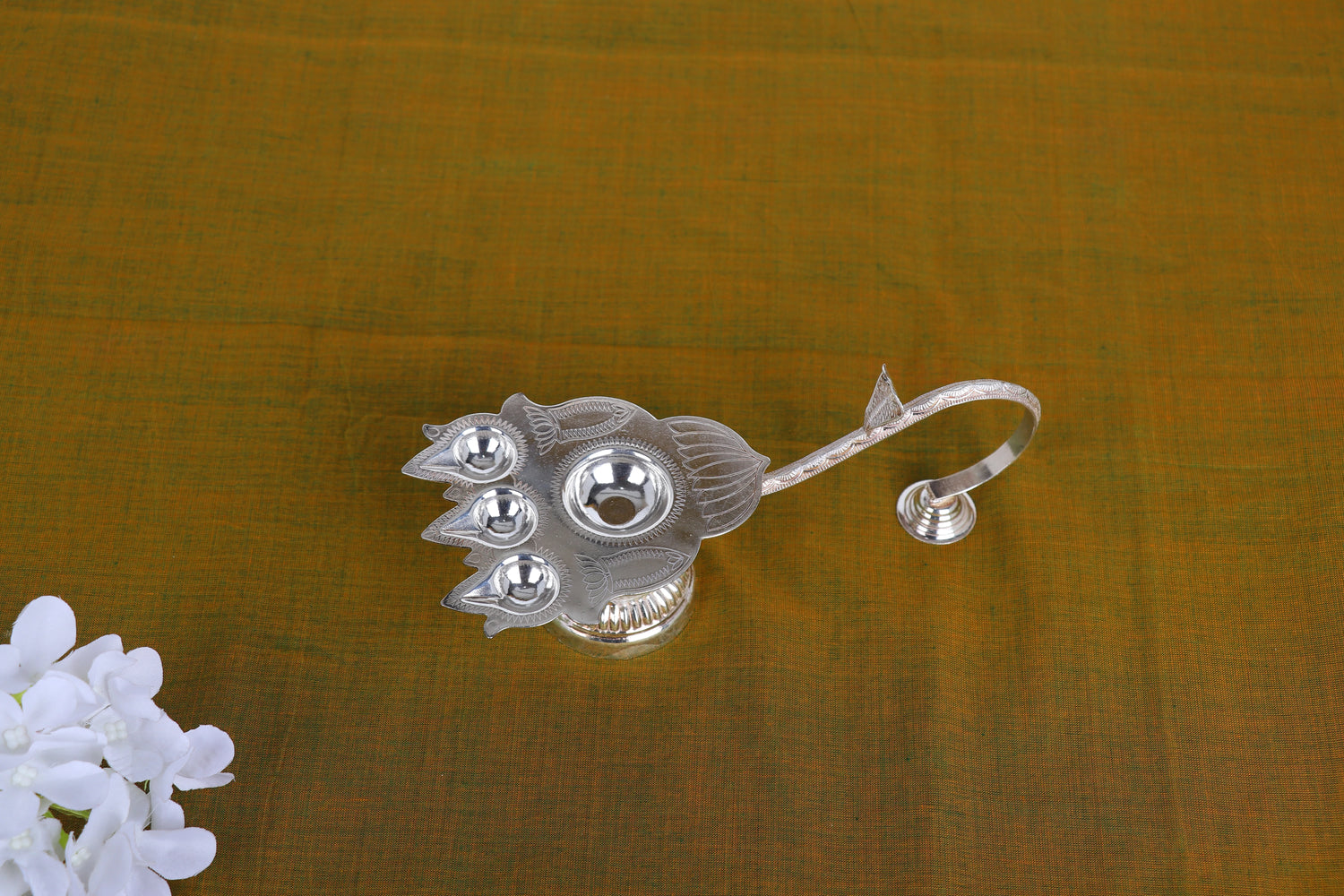 Magnificent Three-Wick Silver Aarti Lamp – Handcrafted Ceremonial Deepak with Ornate Handle