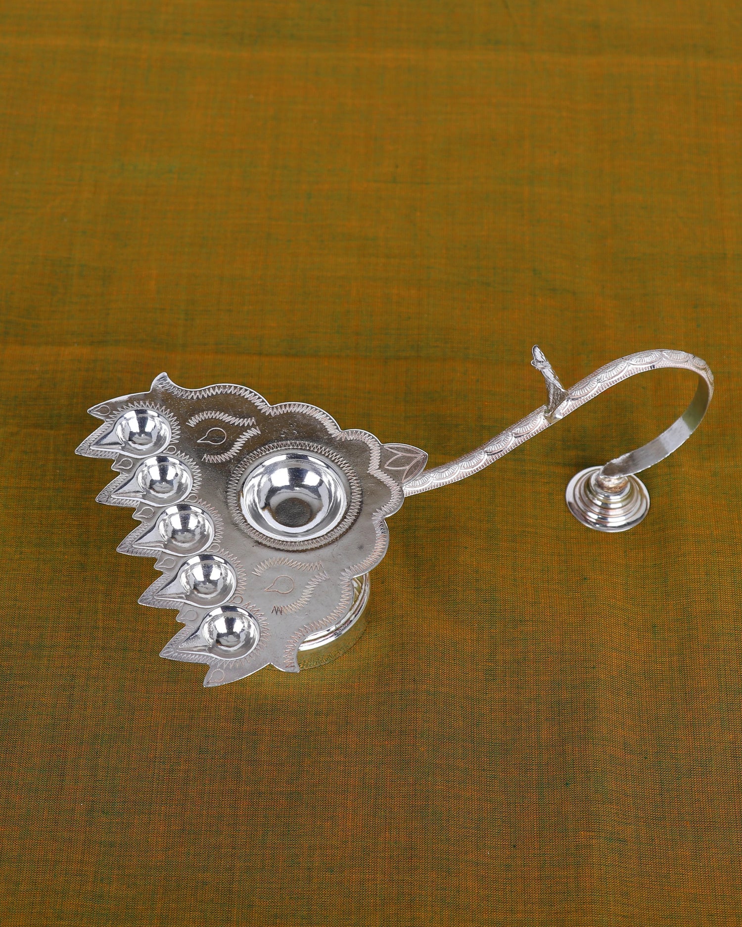 Magnificent Six-Wick Silver Aarti Lamp – Handcrafted Ceremonial Deepak with Ornate Handle