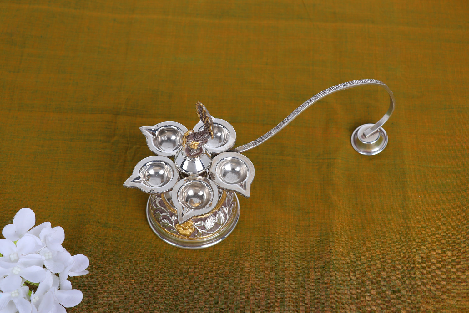 Exquisite Silver Panch Aarti Diya with Peacock Motif – Luxury Handcrafted Five-Wick Oil Lamp (240g)