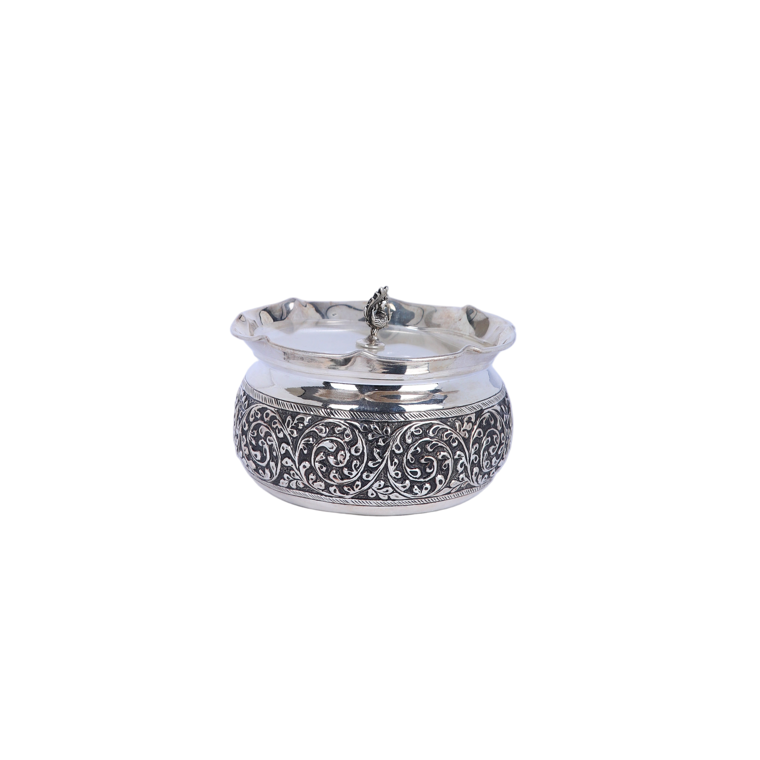 Indian Handcrafted Sterling Silver Lidded Serving Bowl with Peacock Finial – Royal Nakashi Casserole (215g, 2.8"x5")