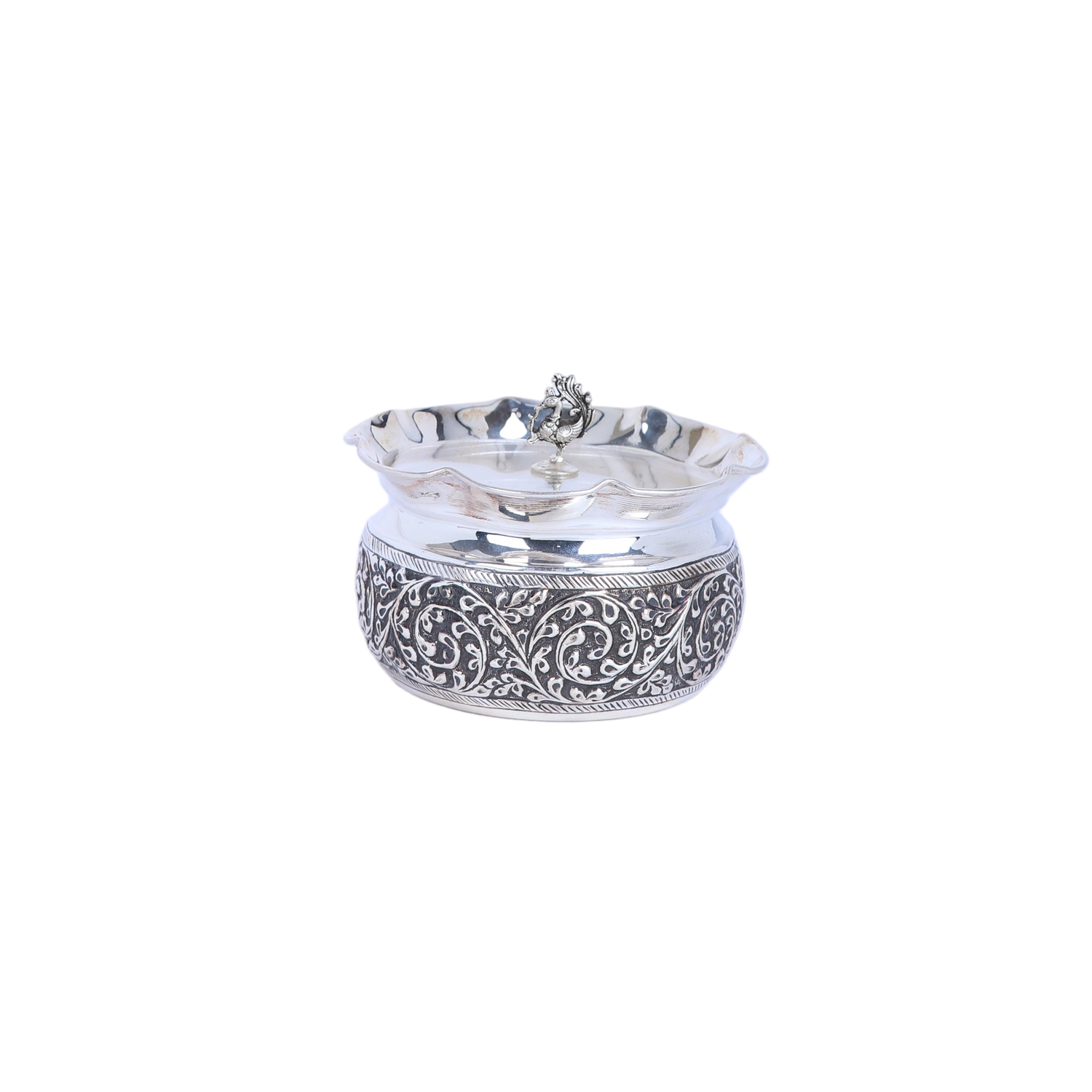 Indian Handcrafted Silver Nakashi Bowl with Peacock Finial – Heritage Lidded Container (159g, 2.5"x4.5")
