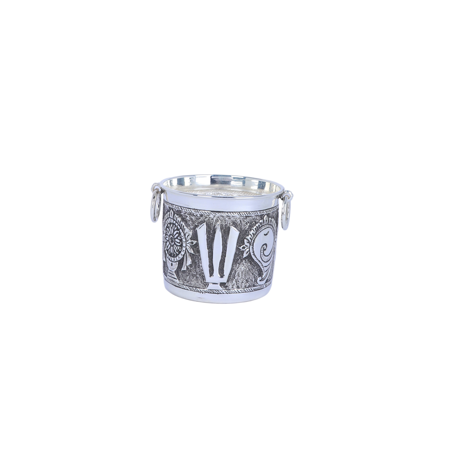 Indian Handcrafted Silver Nakashi Lota with Trishul Design – Sacred Ganga Water Vessel (176g, 3.3"x3.6")