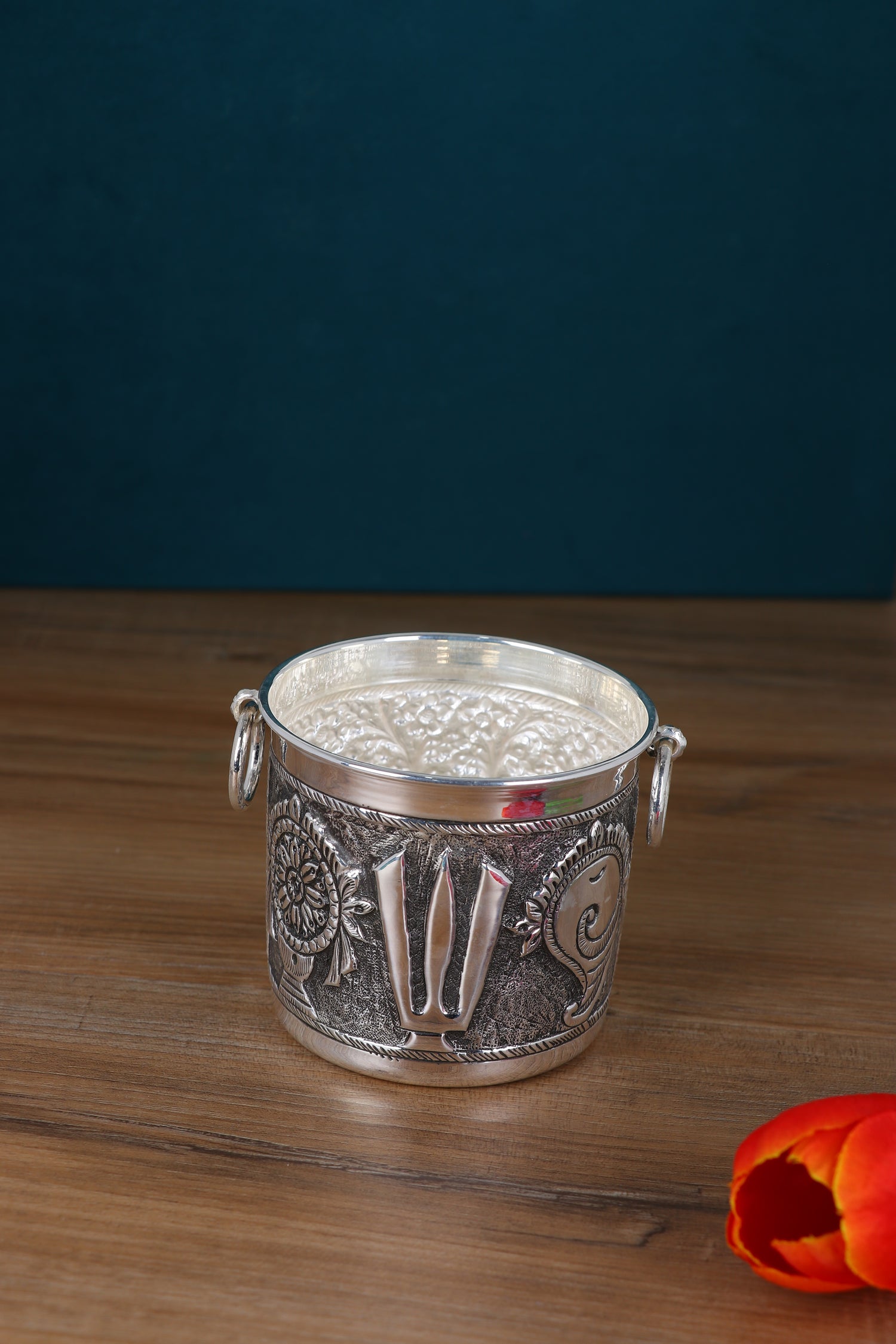 Indian Handcrafted Silver Nakashi Lota with Trishul Design – Sacred Ganga Water Vessel (176g, 3.3"x3.6")