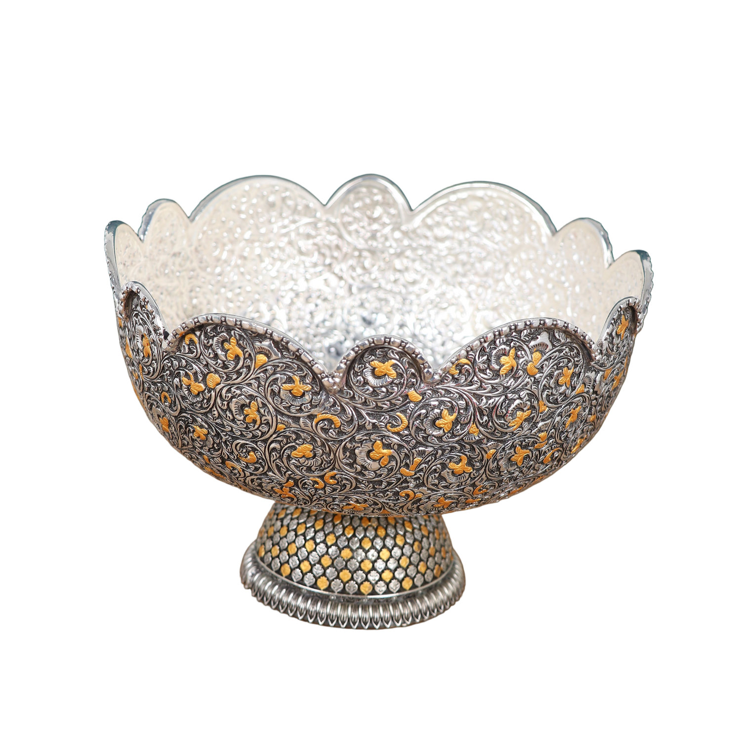Imperial Florentine Silver & Gold Nakashi Pedestal Bowl – Opulent Scalloped Display Masterpiece (535g)