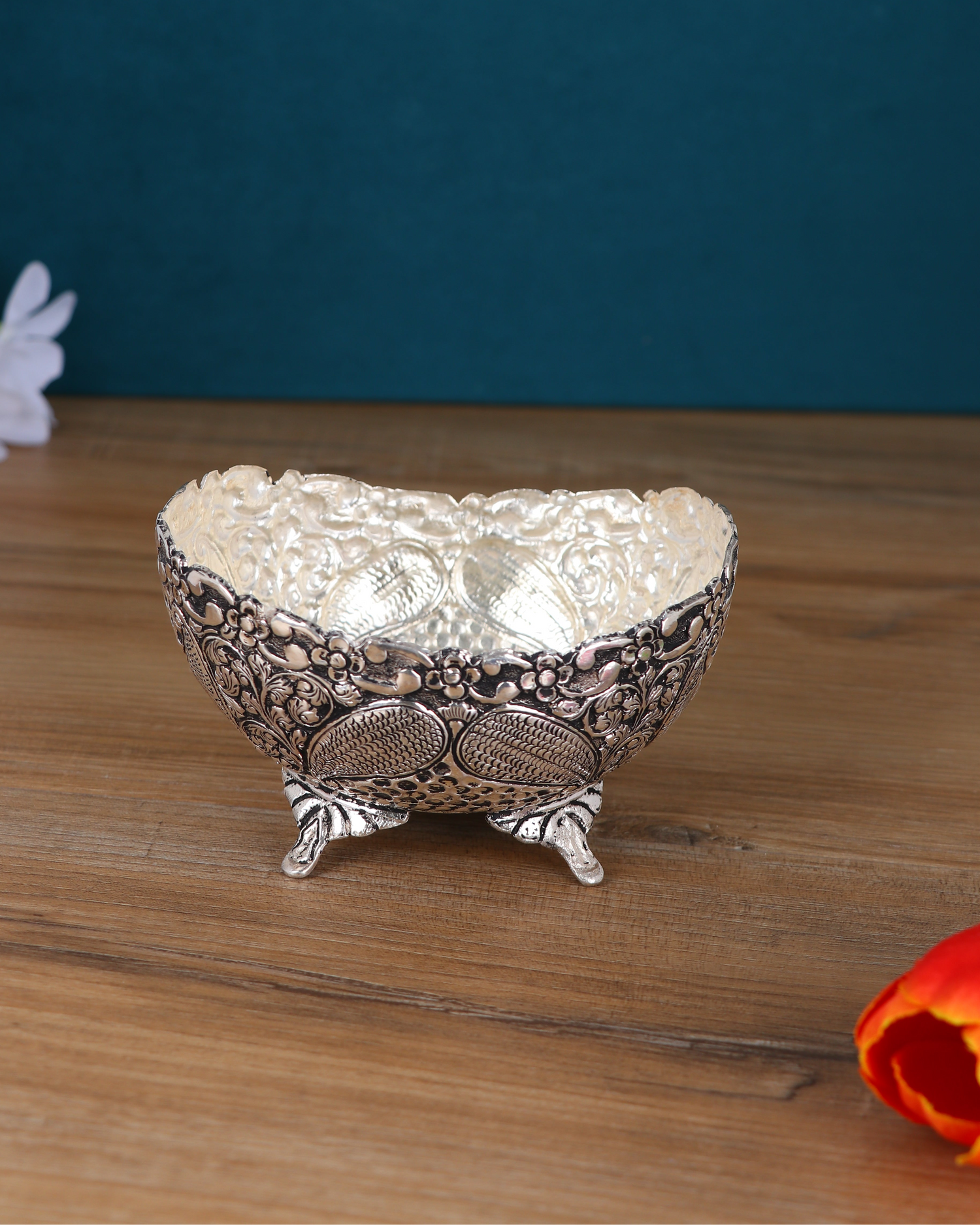 Enchanted Blossom Footed Silver Bowl – Artisan Floral Relief Accent (201g)