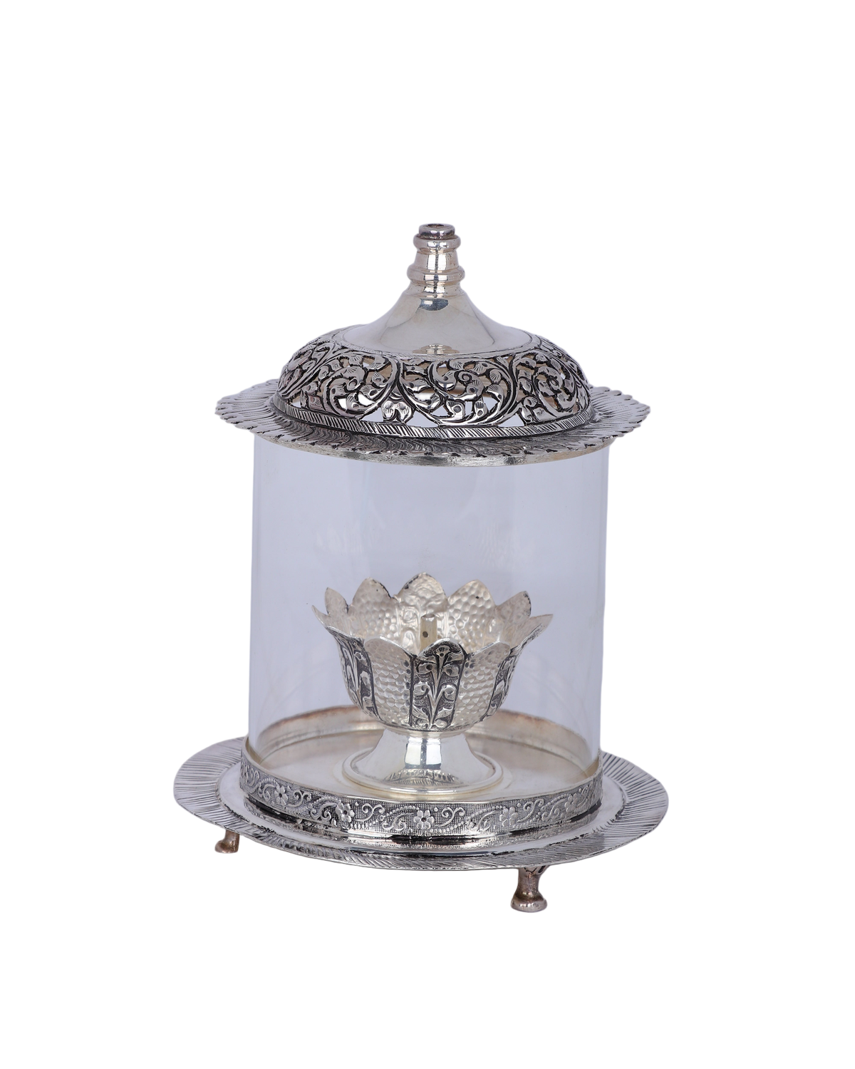 Silver decorative item with a clear glass cover on a white background