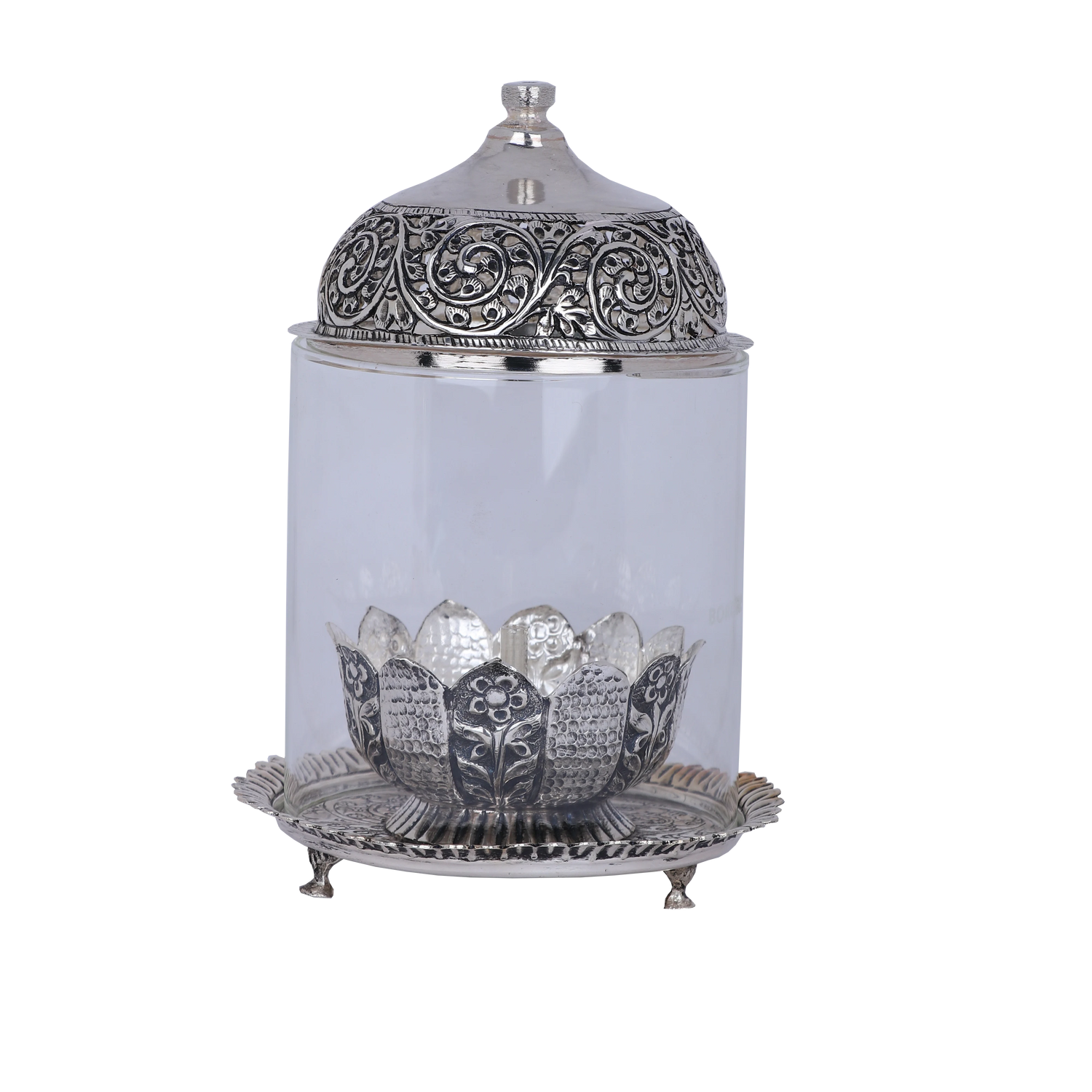 Silver Lotus Akhand Diya – Antique Petal Carved Eternal Lamp (367g, 4.4"x5.4")