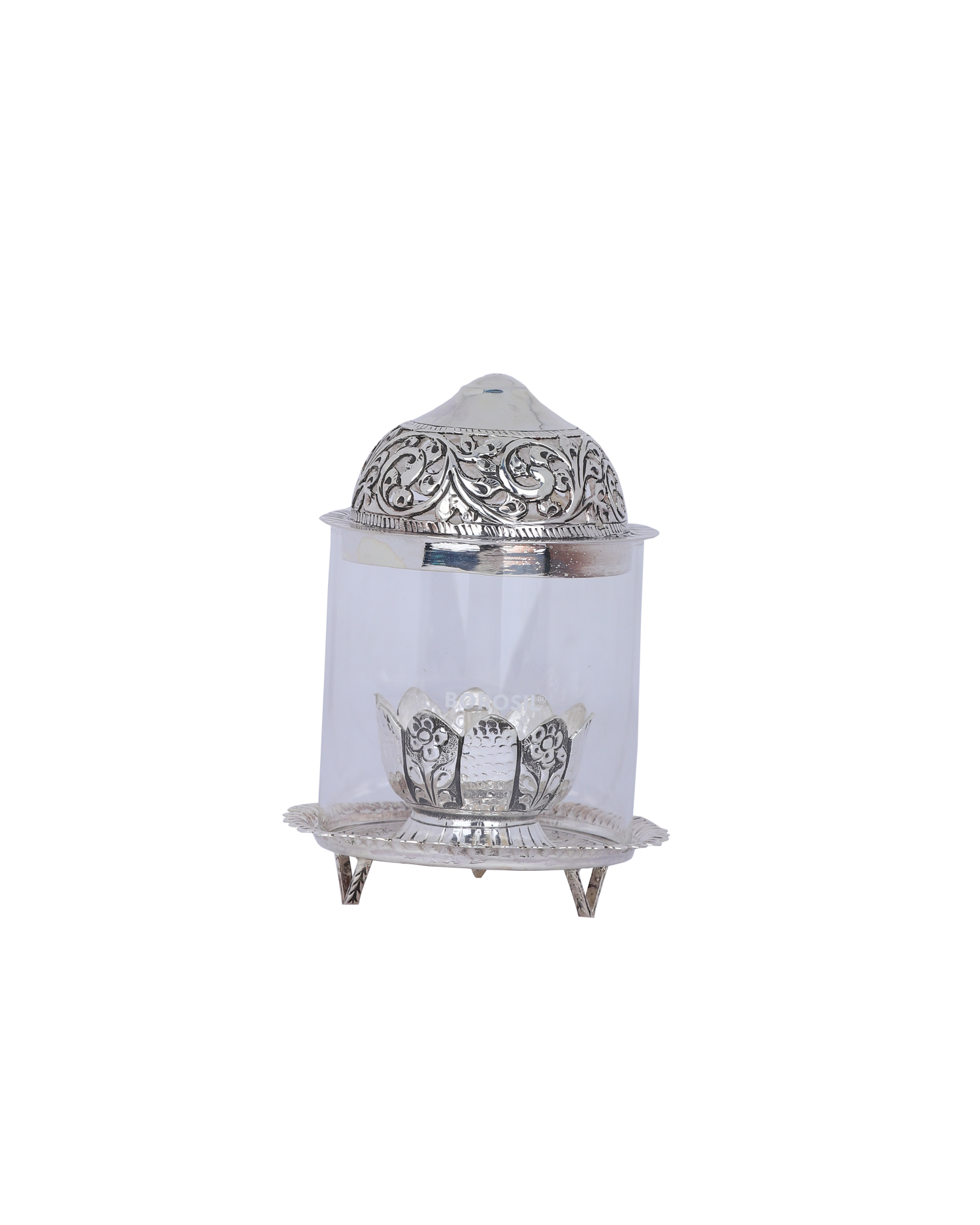Ornate Silver Akhand Diya Set – Antique Nakashi Glass Chimney Eternal Lamps (212g)