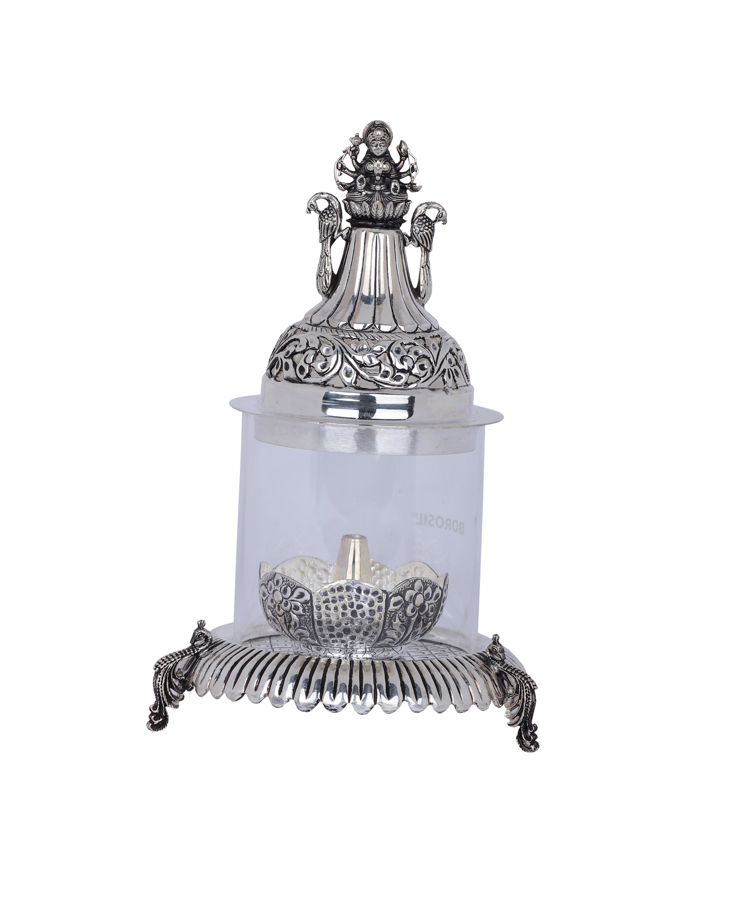 Grand Lakshmi Silver Akhand Diya – Borosilicate Glass & Lotus Base (310g, 8"x5")