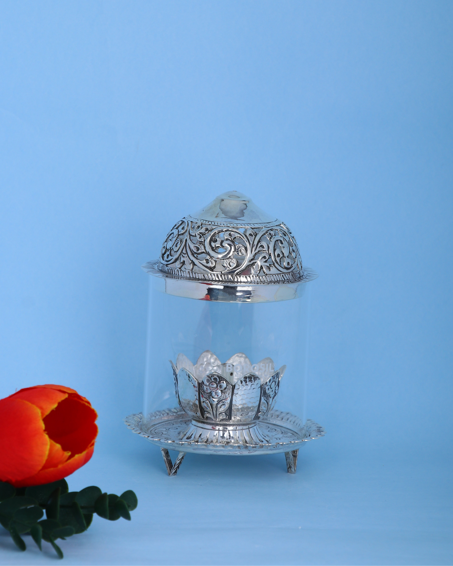 Ornate Silver Akhand Diya Set – Antique Nakashi Glass Chimney Eternal Lamps (212g)