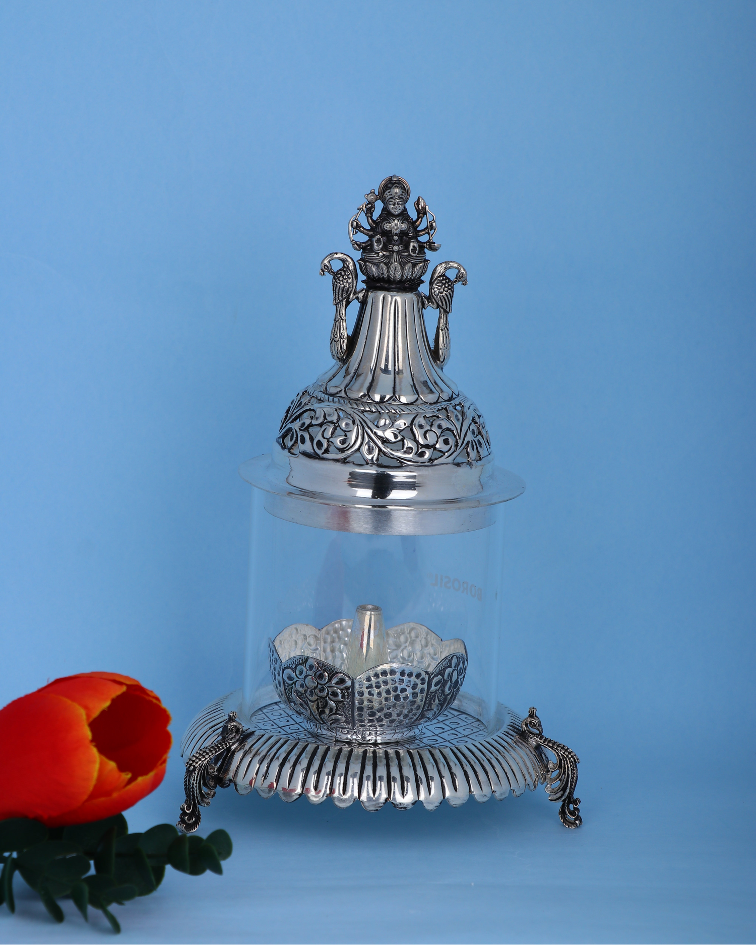 Grand Lakshmi Silver Akhand Diya – Borosilicate Glass & Lotus Base (310g, 8"x5")