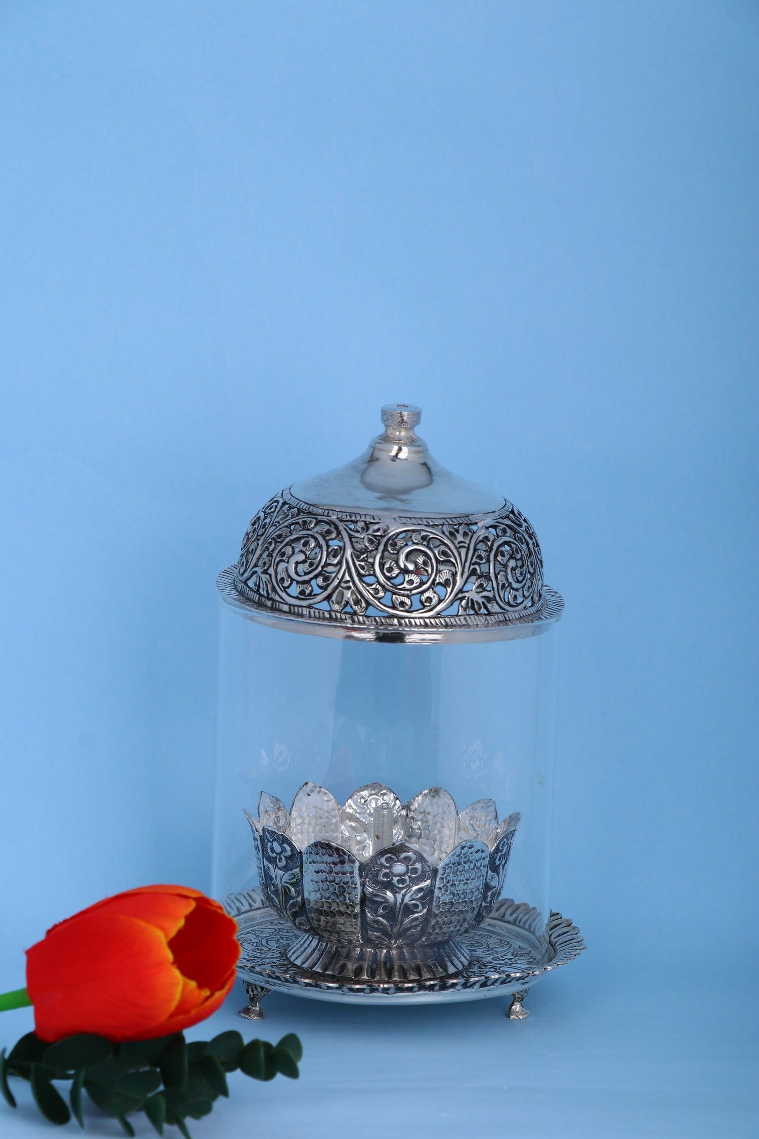 Lotus Akhand Diya – Grand Floral Nakashi Temple Lamp (382g, 4.25"x5.25")