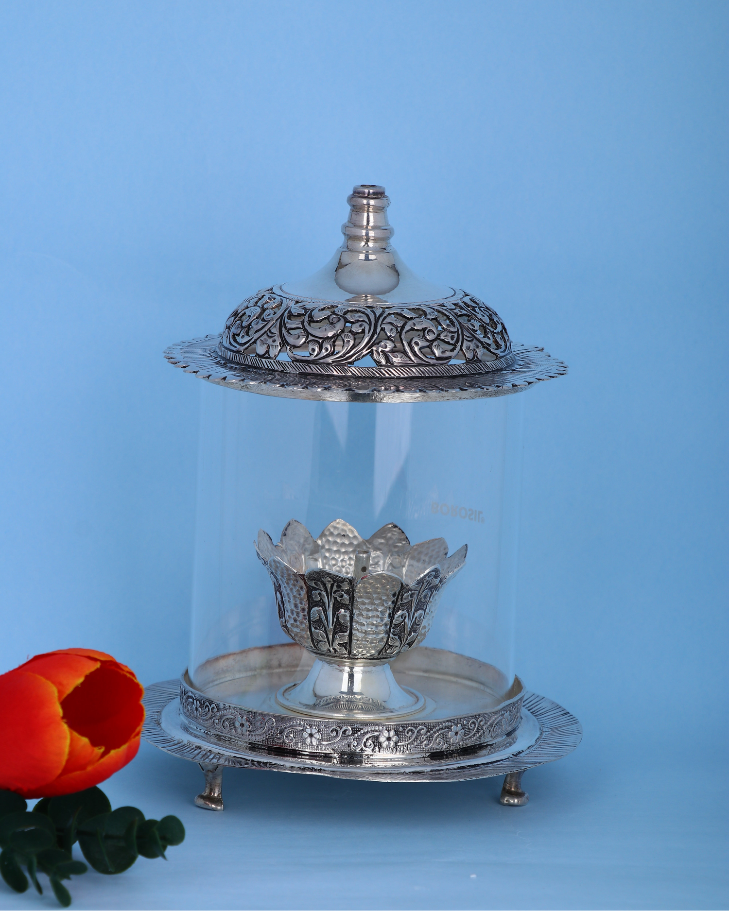 Antique Silver Akhand Diya – Ornate Nakashi Pooja Lamp (188g)