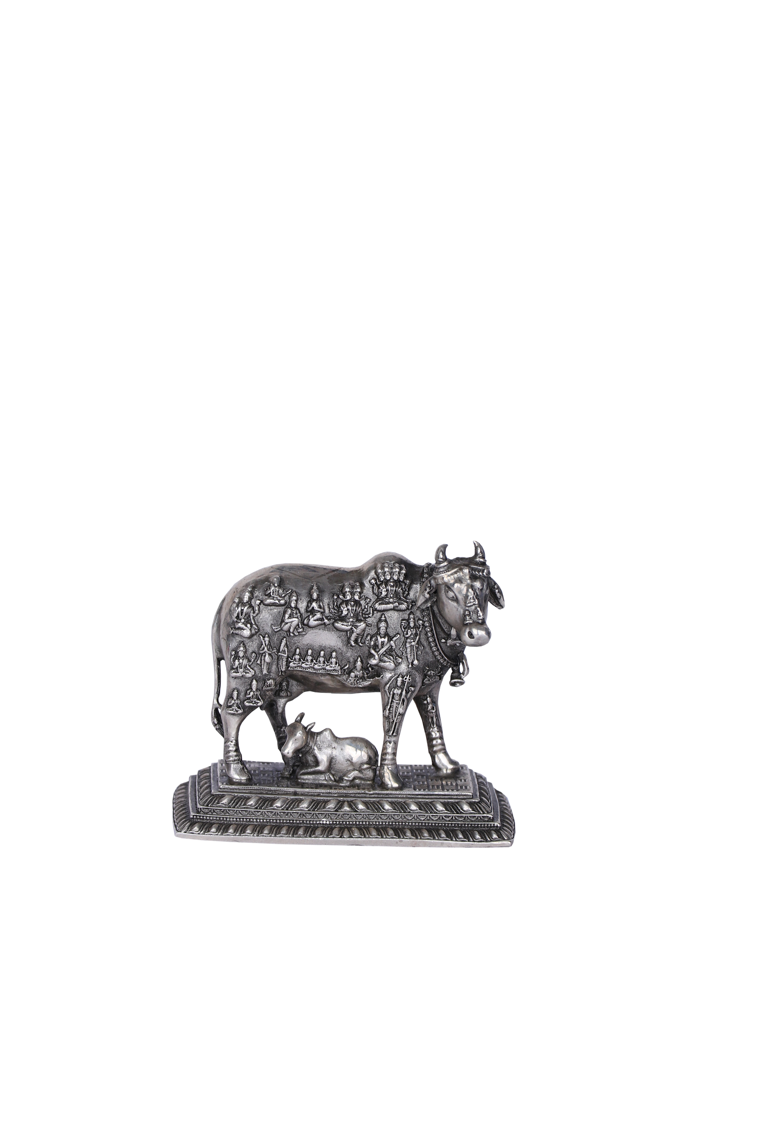 Celestial Kamdhenu & Calf Sacred Tableau – Divine Mythological Silver Sculpture (112g, 2.5"x2.8")