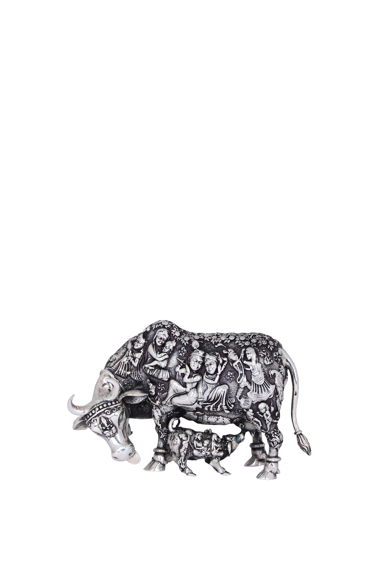 Royal Silver Nakashi Kamadhenu & Calf Sculpture – Intricate Divine Blessing Statue (1,502g, H:6″ W:8.4″)