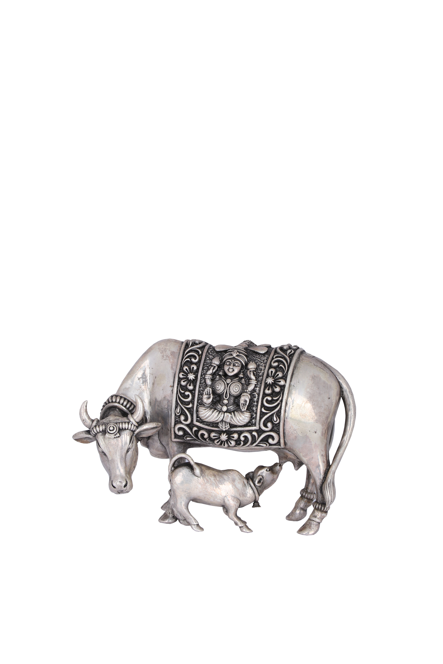 Sacred Kamadhenu & Calf Silver Sculpture – Pure Sterling Devotion (327g, H:3″ W:4.6″)