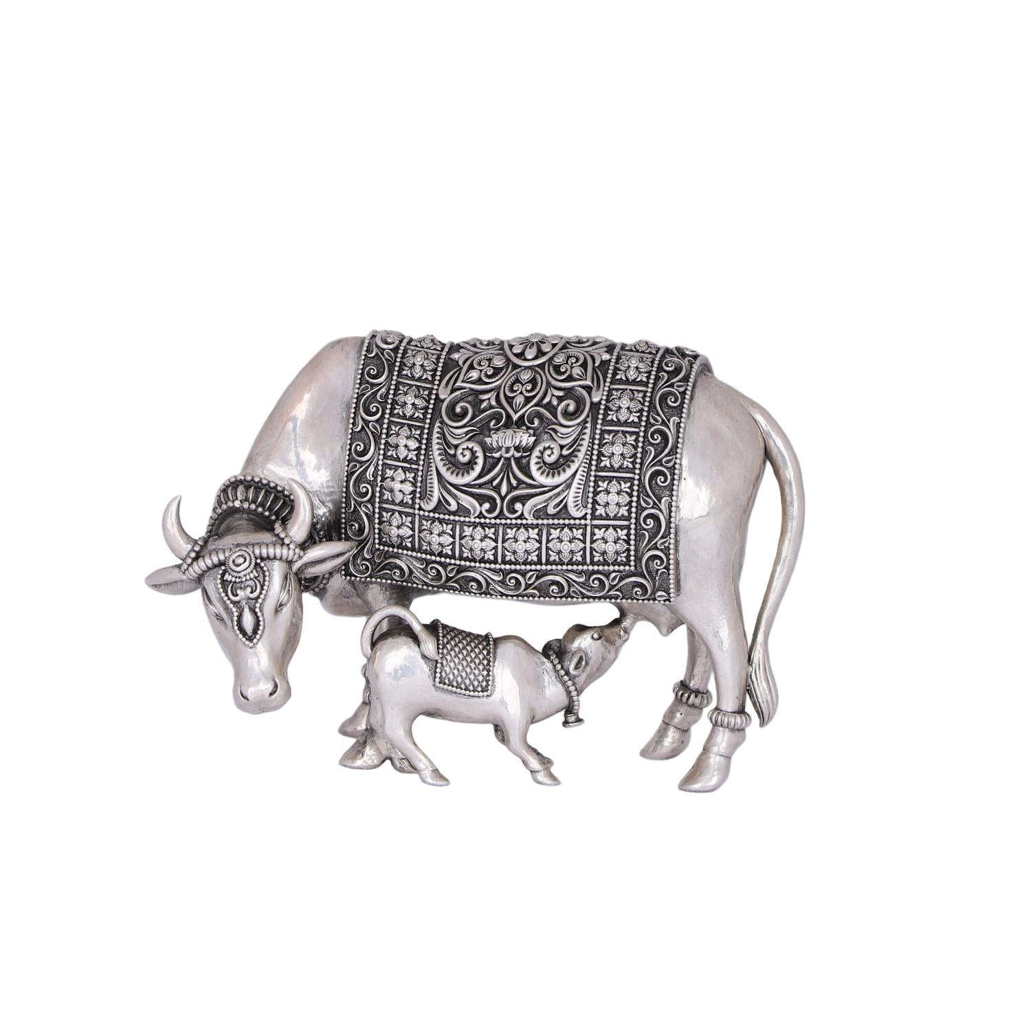 Majestic Kamdhenu Mother & Calf Sacred Sterling Silver Masterpiece (312g, 3.2"x4.5")
